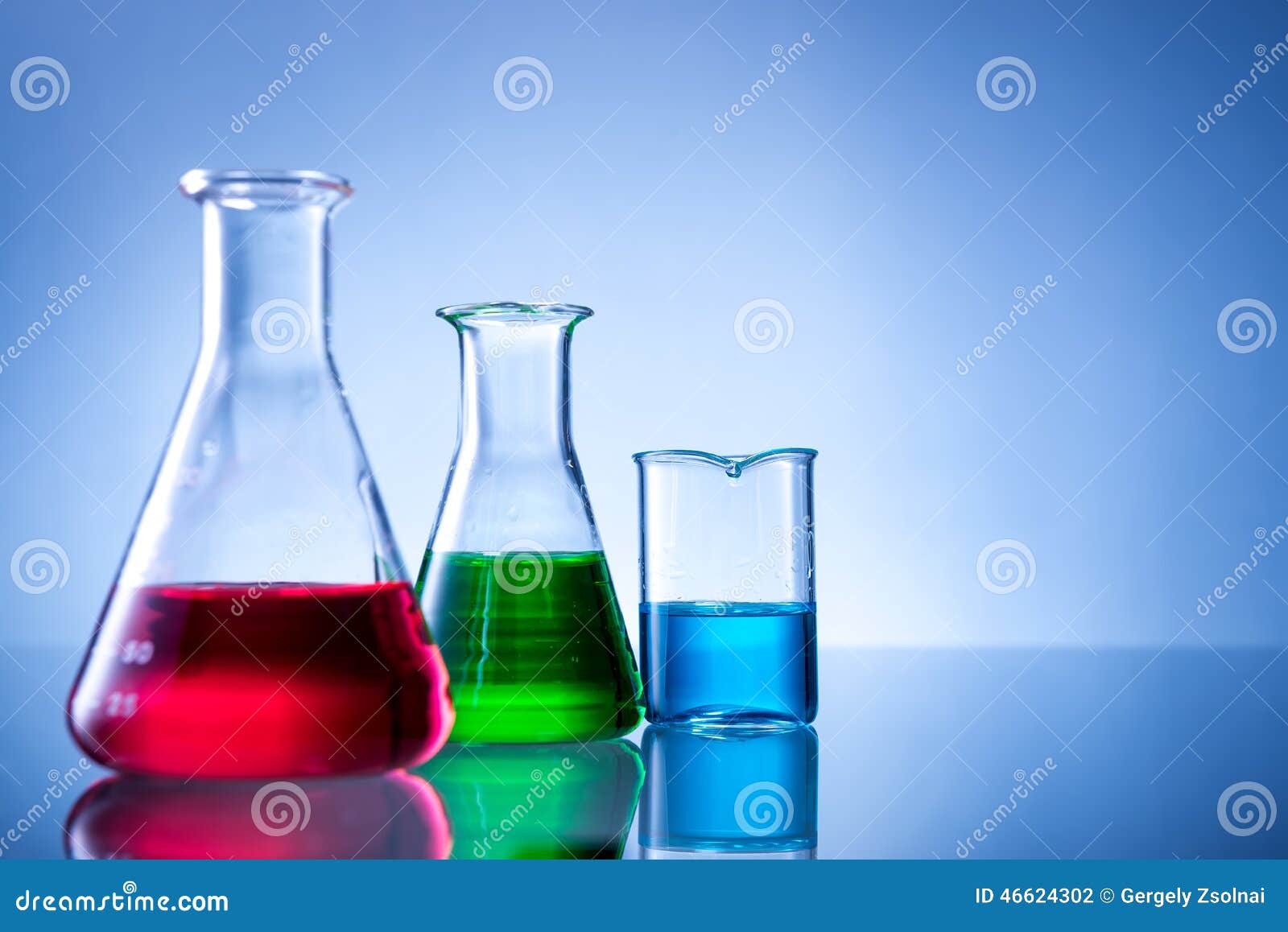 Laboratory Equipment, Bottles, Flasks with Color Liquid Stock Photo
