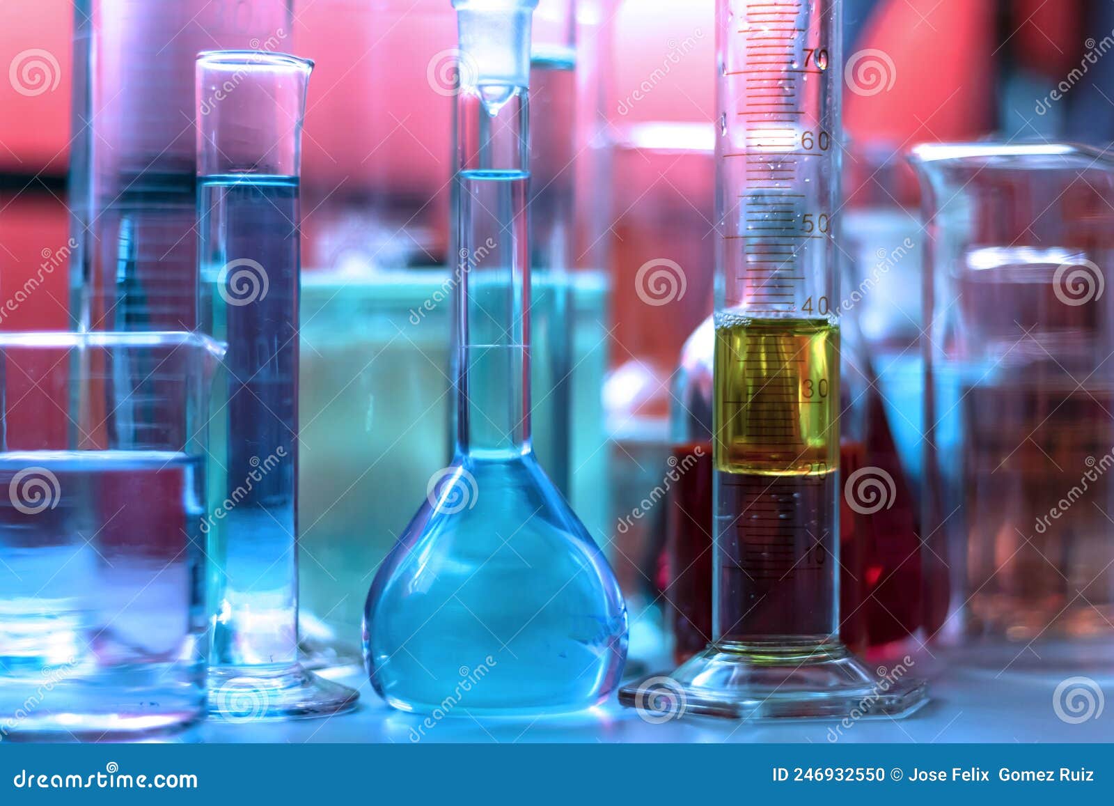 Laboratory Equipment with Liquids of Different Colors Stock Photo