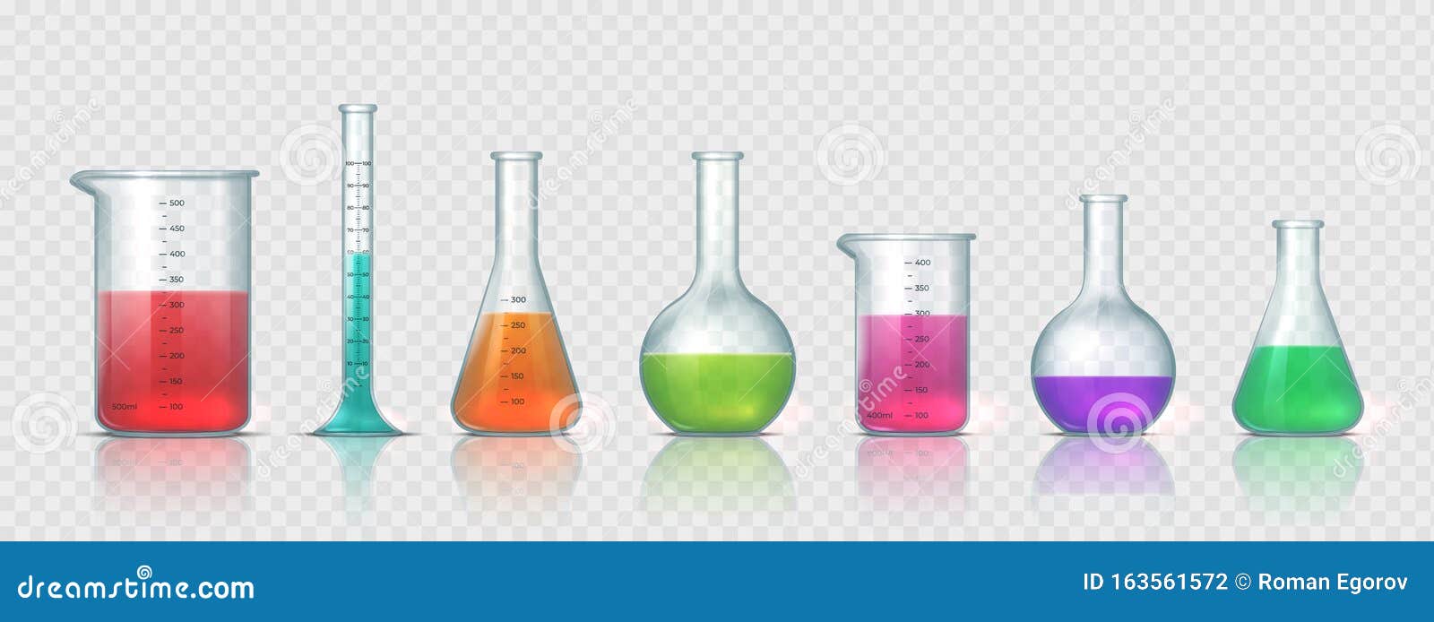 laboratory equipment. realistic 3d glass tubes, flask, beaker and other chemical and medicine lab measuring equipment