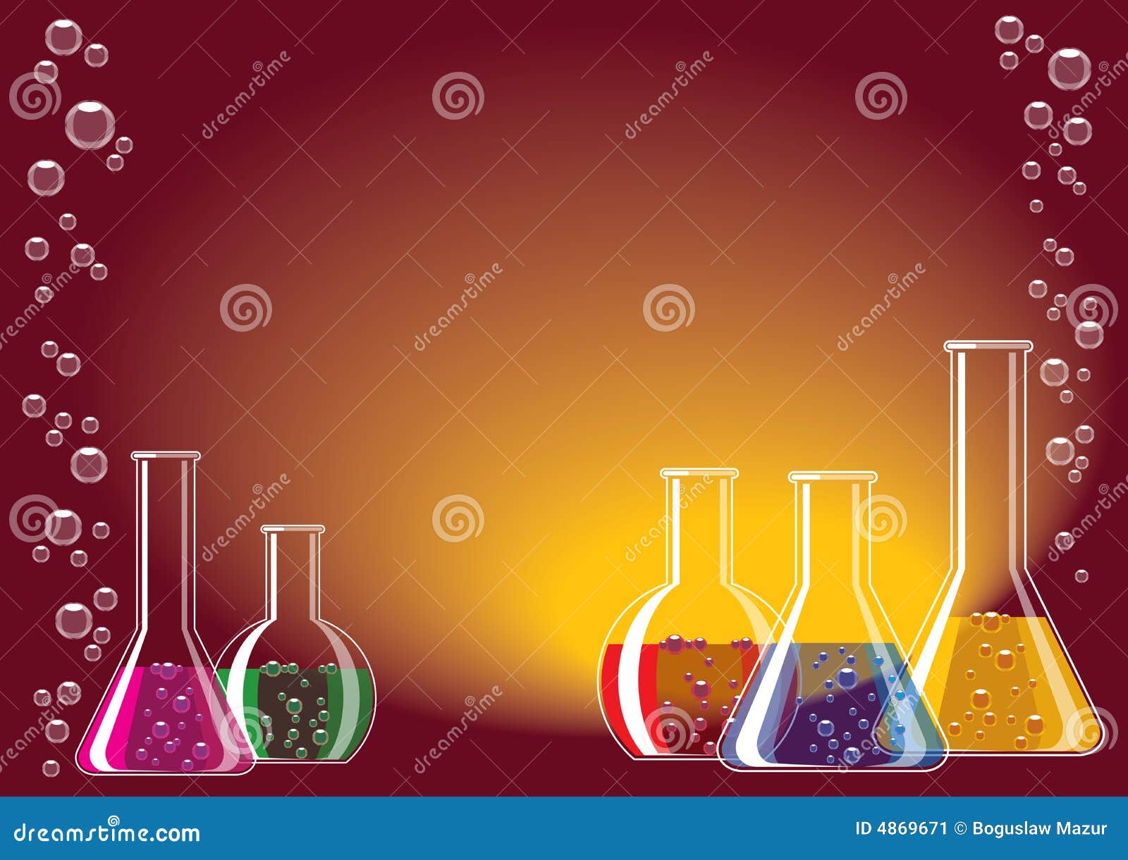 Different coloured chemical substances in laboratory glasses