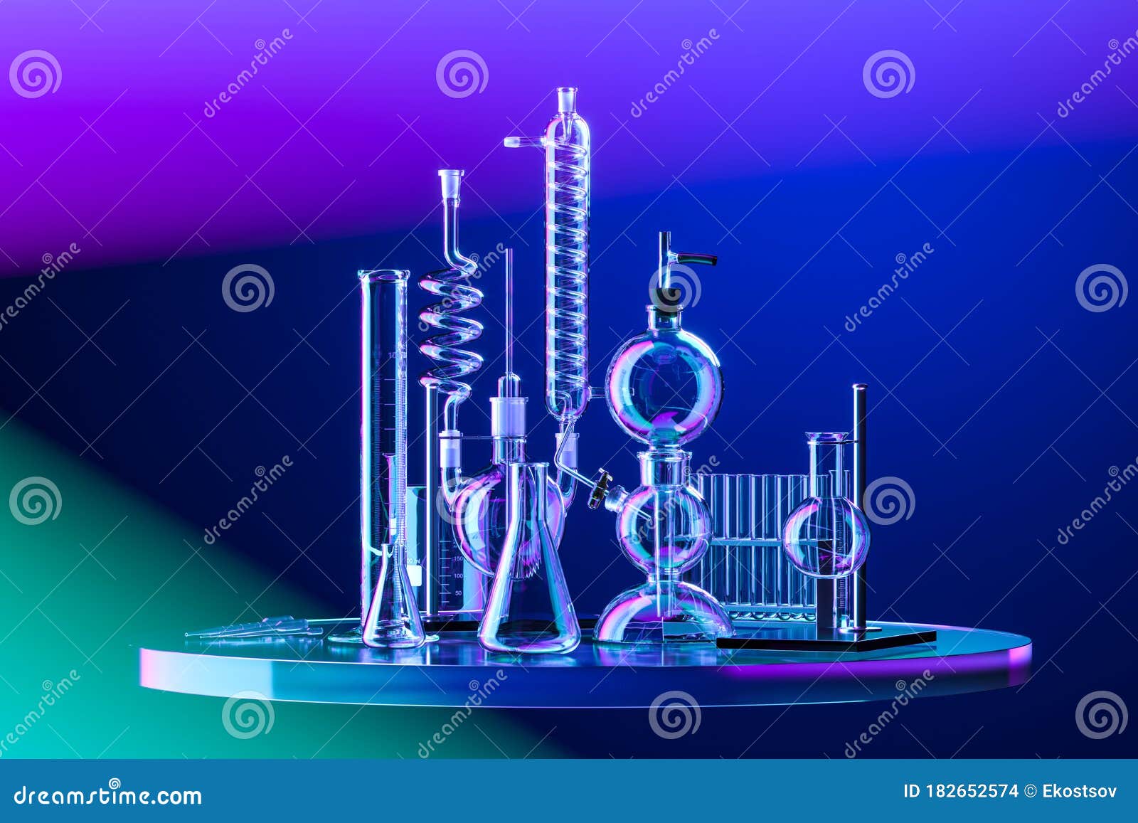 laboratory glasses and medical equipment and tools. 3d rendering. researching and prevention