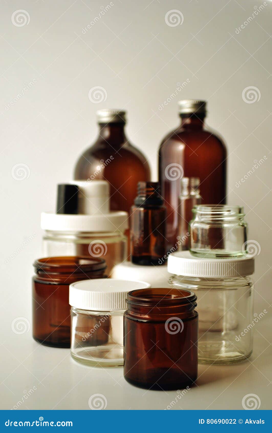 Laboratory Glassware, Medical and Cosmetic Jars and Bottles Stock Photo