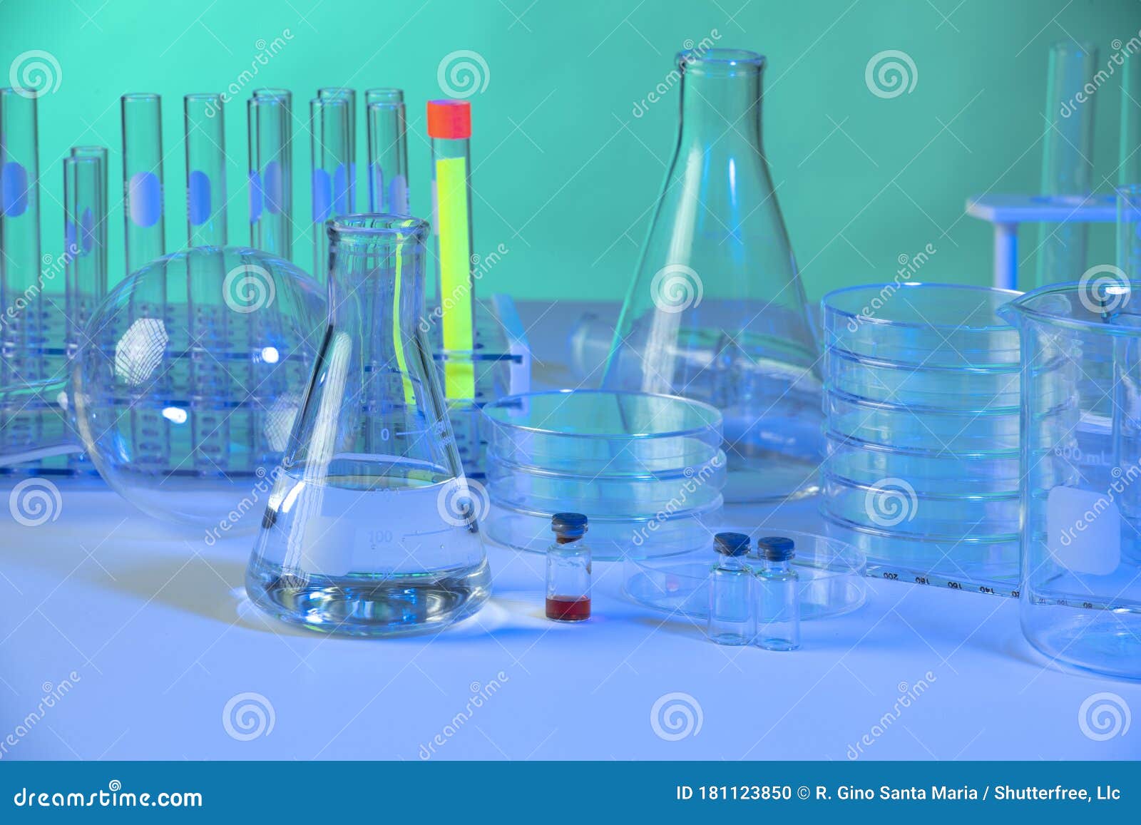 Laboratory Glassware with Test Fluids Stock Photo Image of research