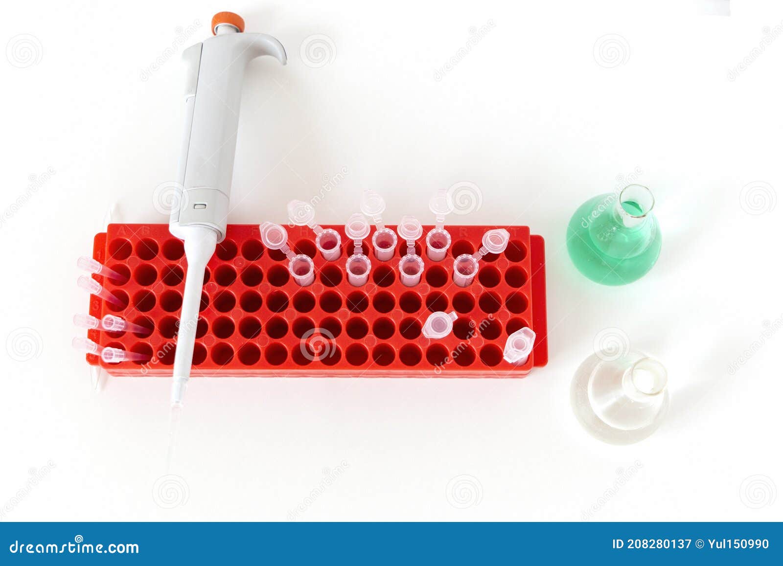 Laboratory Table with Flask, Digital Pipette and Small Plastic Test Tubes. Stock Image Image