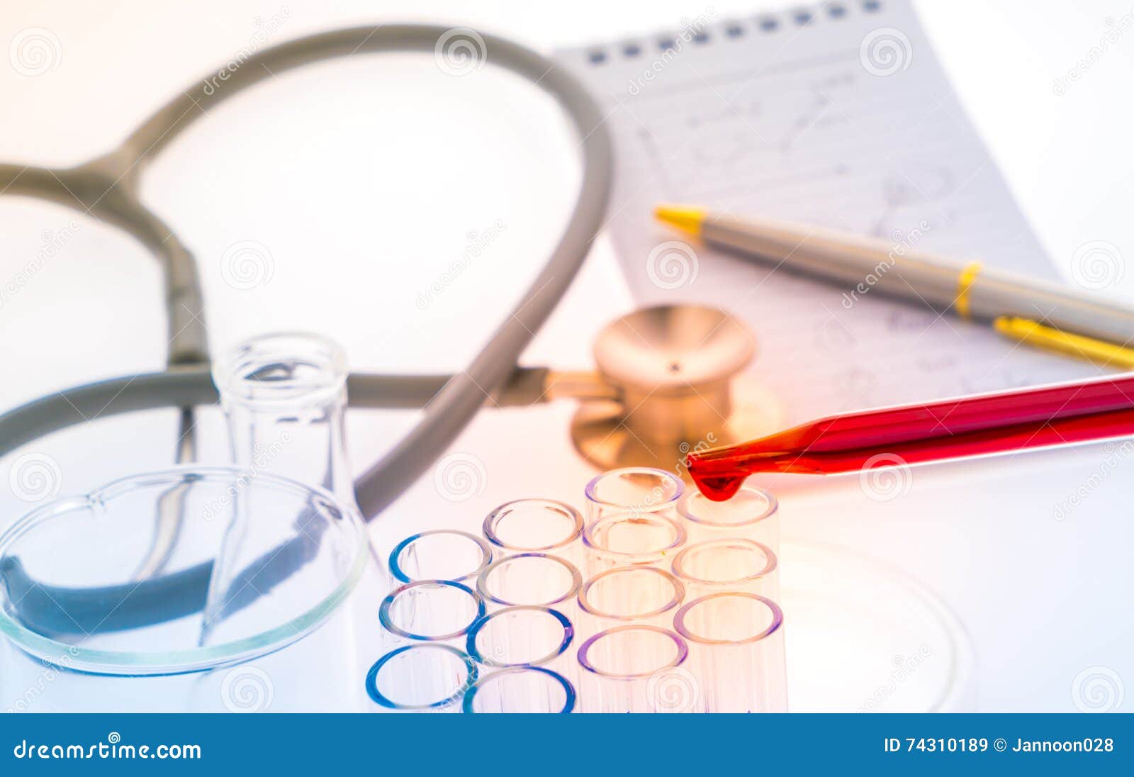 laboratory test tubes, medical glassware, stethoscope, pen, noteboo
