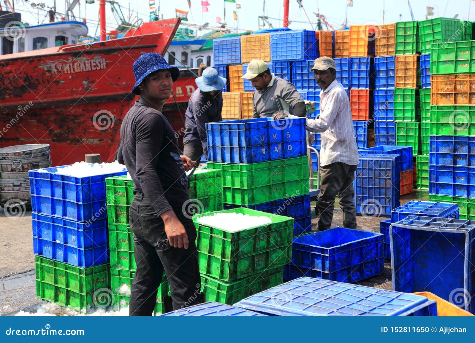 Laborers Collect the Fish from the Fishing Boats To Crates Editorial Image  - Image of unidentified, crates: 152811650