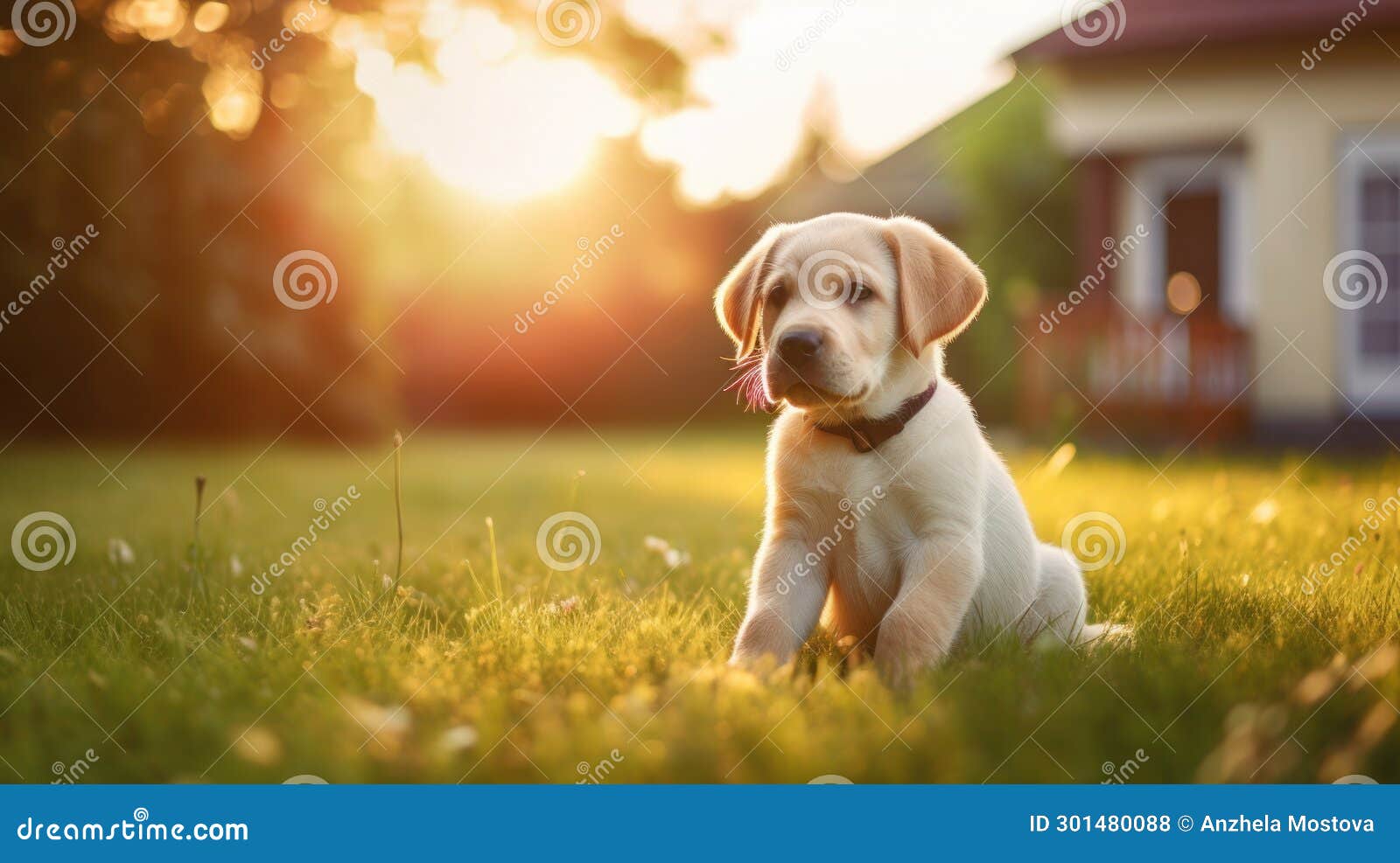 Labrador Puppy Sitting in Front of a House in the Sunset Light on a