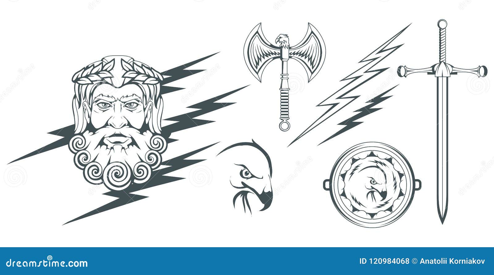 宙斯- 古希腊天空、雷电之神。希腊神话。双刃斧拉布利斯和鹰。奥林匹斯诸神向量例证- 插画包括有半神半人, 幻想: 120984068