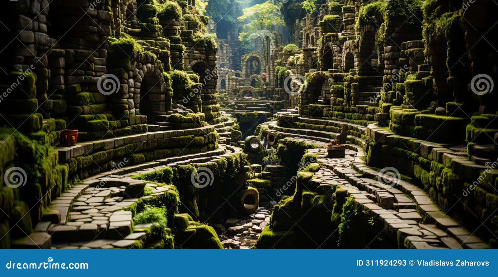 labyrinth jungle with confusing paths and winding streams, like a trip to the unkn
