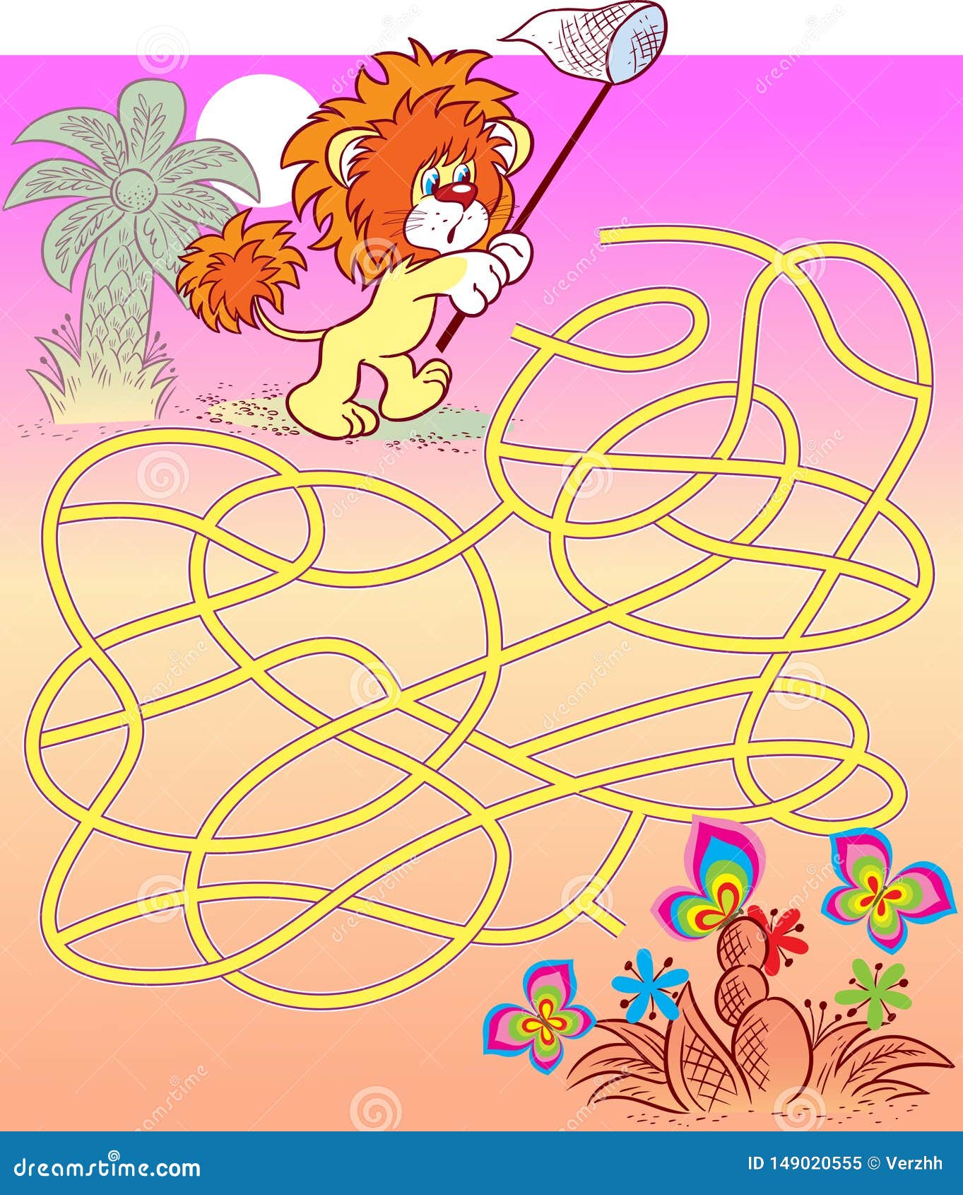 Labyrinth Mit Einem Lowe Und Schmetterlingen Vektor Abbildung Illustration Von Labyrinth Schmetterlingen