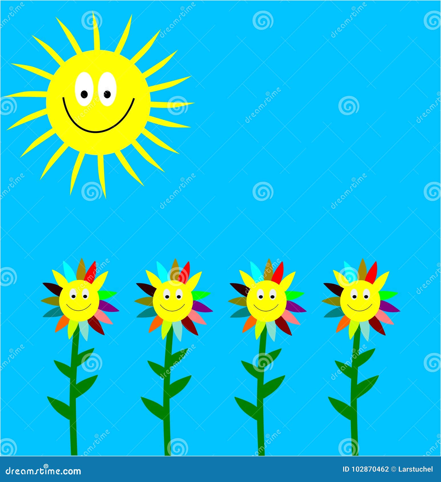 Lachende Sonne Und Lachende Blumen Stock Abbildung - Illustration von