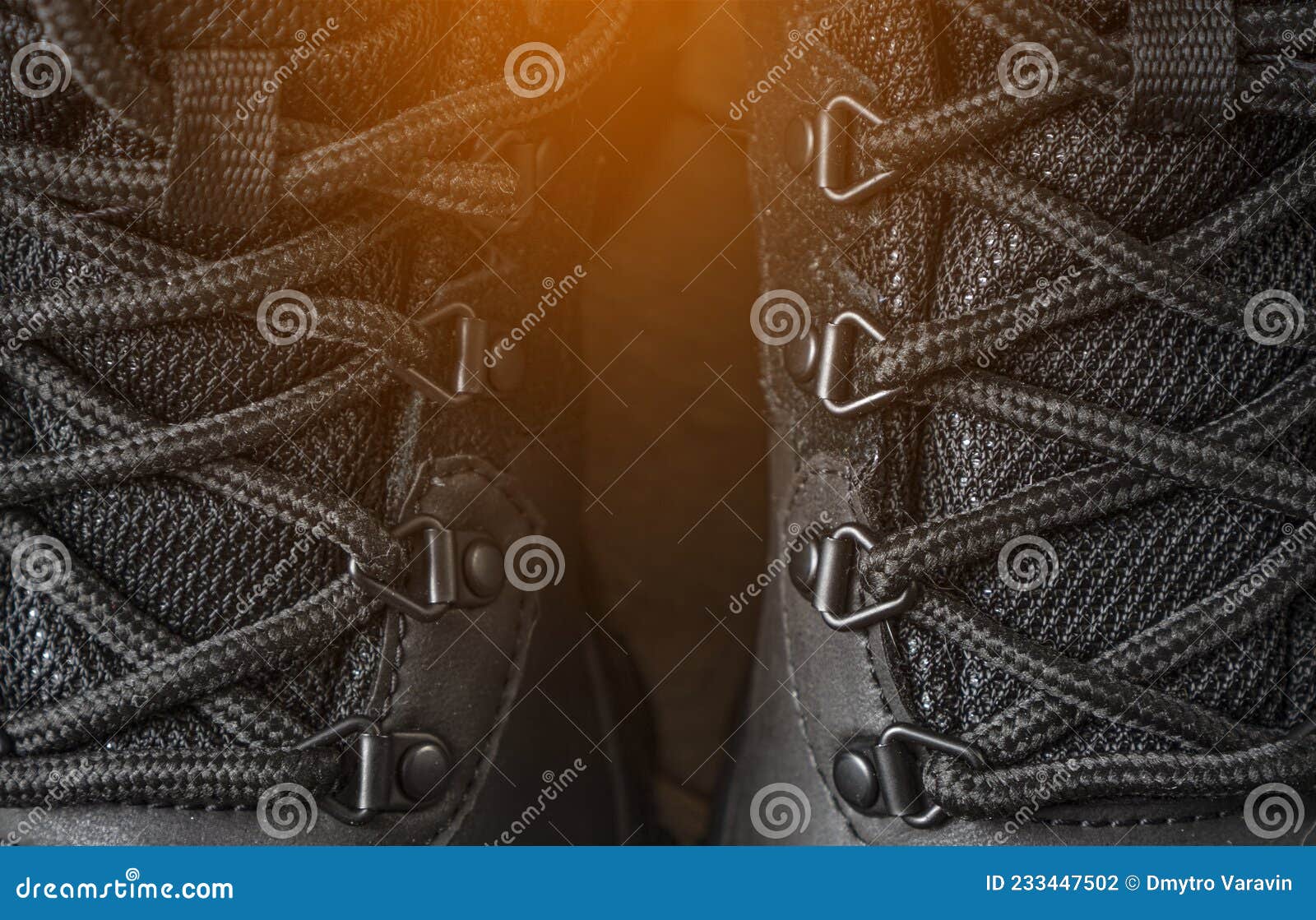 Lacing of Hiking Boots Closeup. Lace and Tie Hiking Boots Background ...