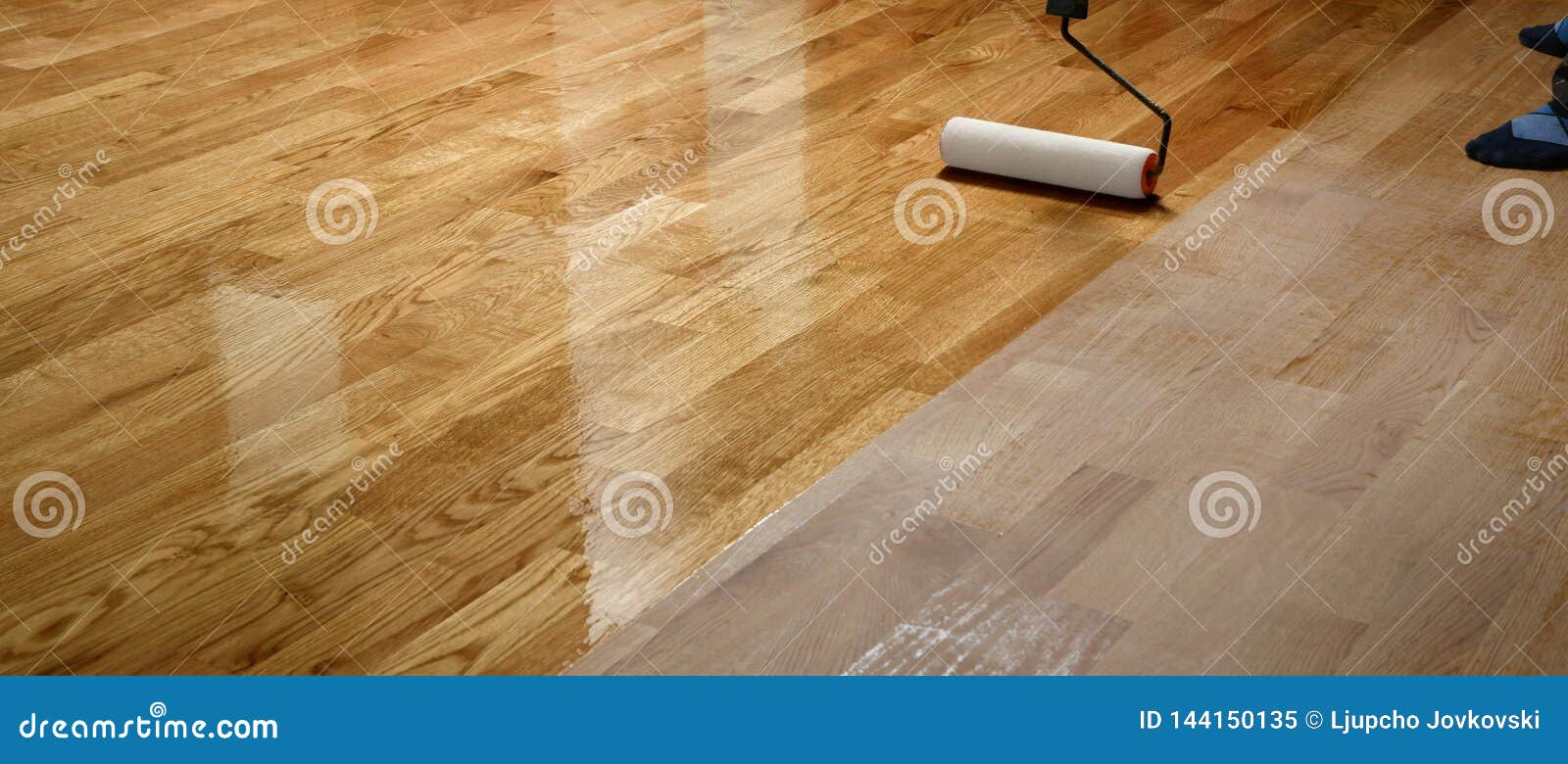 Lacquering Wood Floors Worker Uses A Roller To Coating Floors Stock Image Image Of Improvement Home 144150135