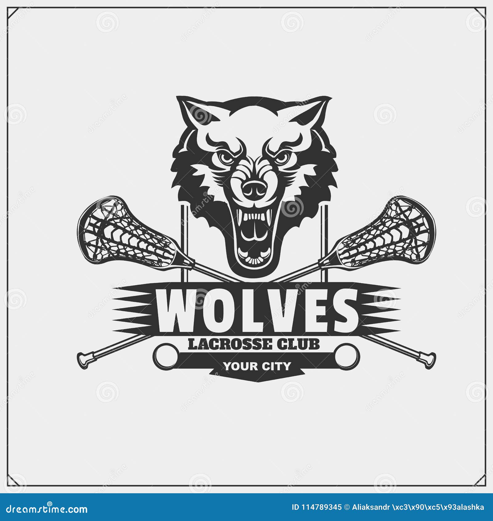 Lacrosse Club Emblem with Wolf Head. Stock Vector Illustration of