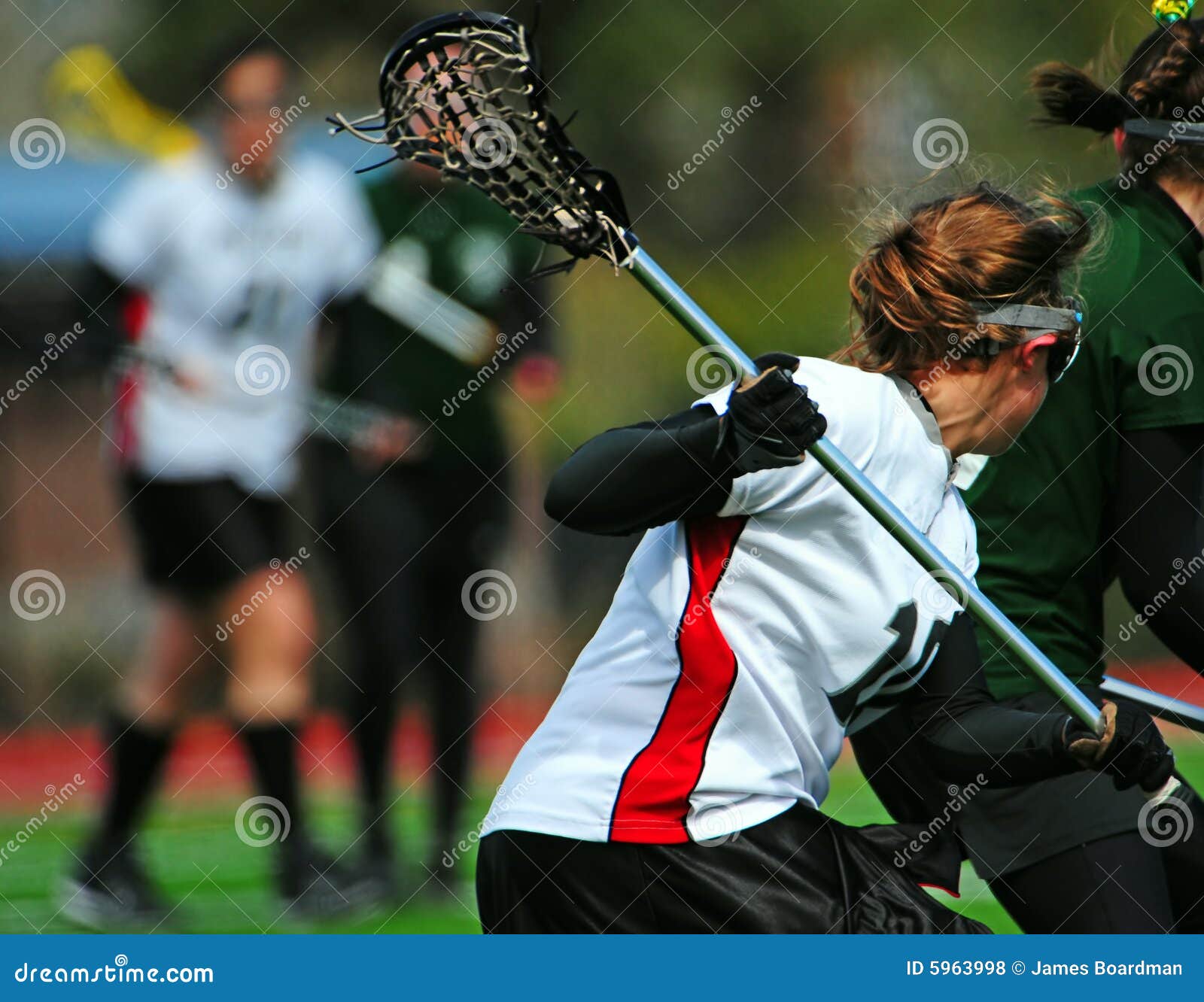 Lacrosse Player, Athlete Sportsman In Red Helmet On Stadium Background