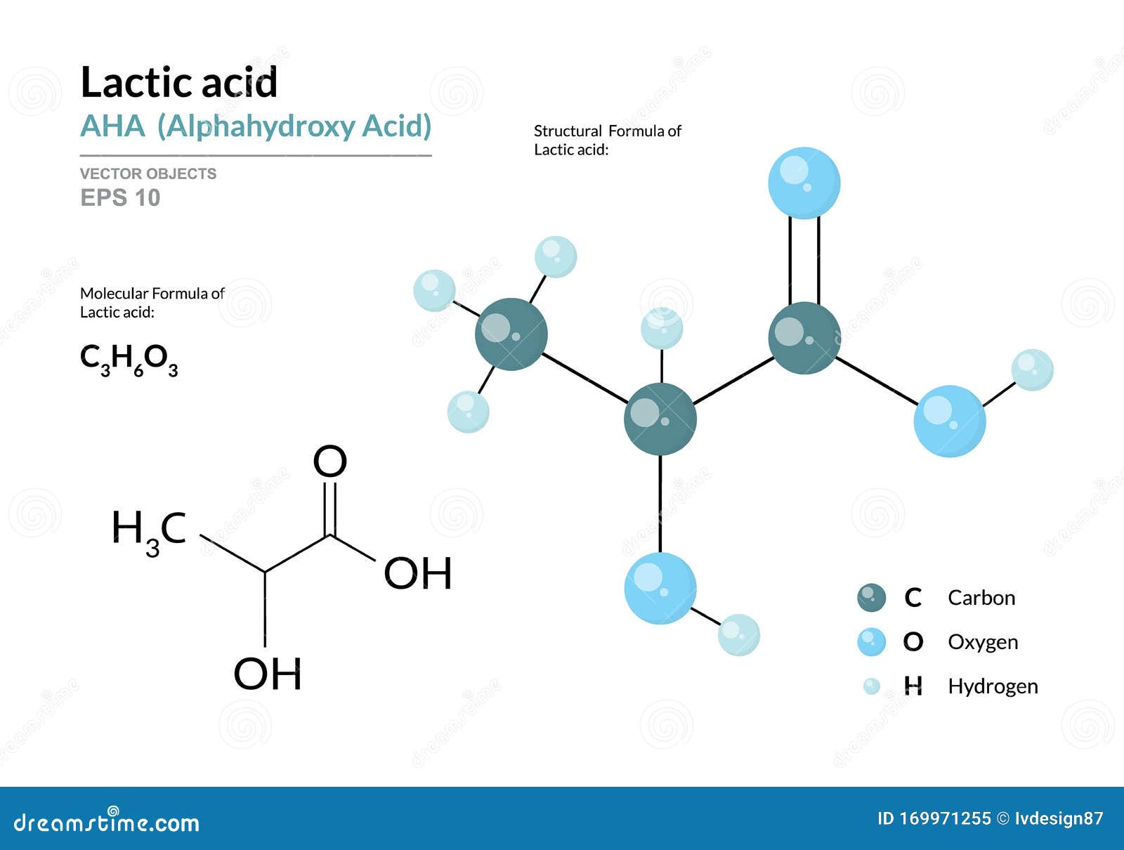 lactic acid. aha alphahydroxy acid. structural chemical formula and molecule 3d model. atoms with color coding. 