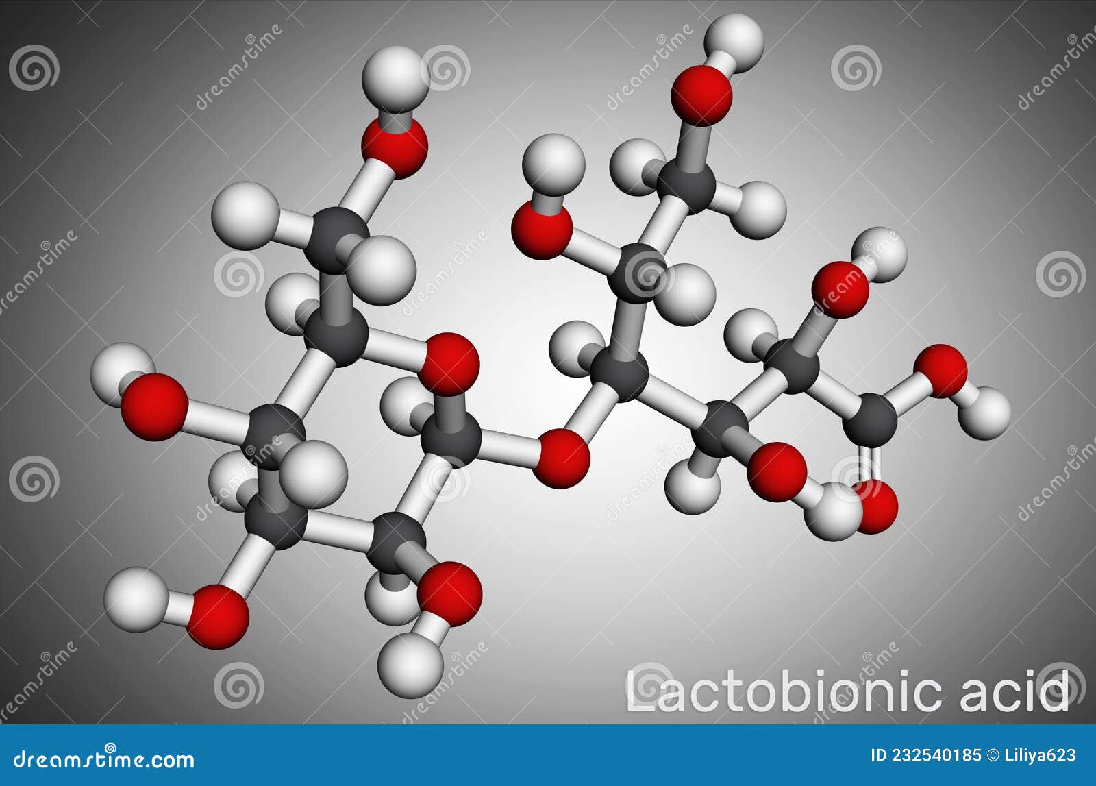 Lactobionic Acid, Lactobionate Molecule. it is a Disaccharide, Sugar Acid, Food Additive E399