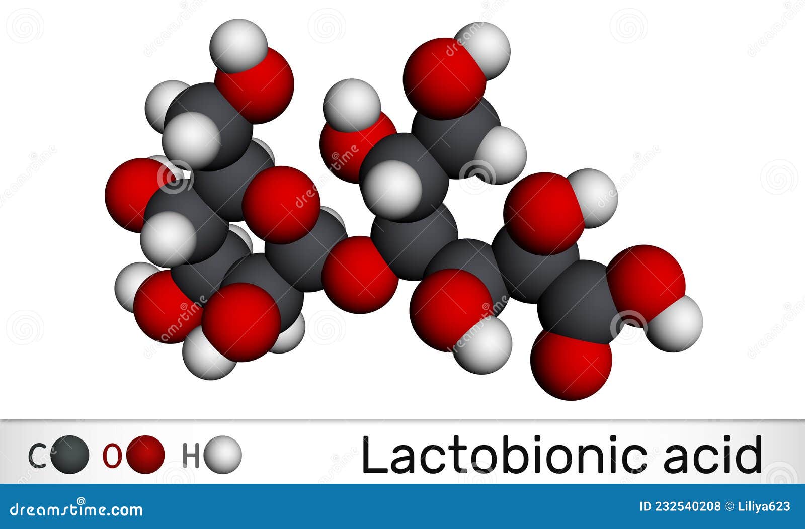 Lactobionic Acid, Lactobionate Molecule. it is a Disaccharide, Sugar Acid, Food Additive E399