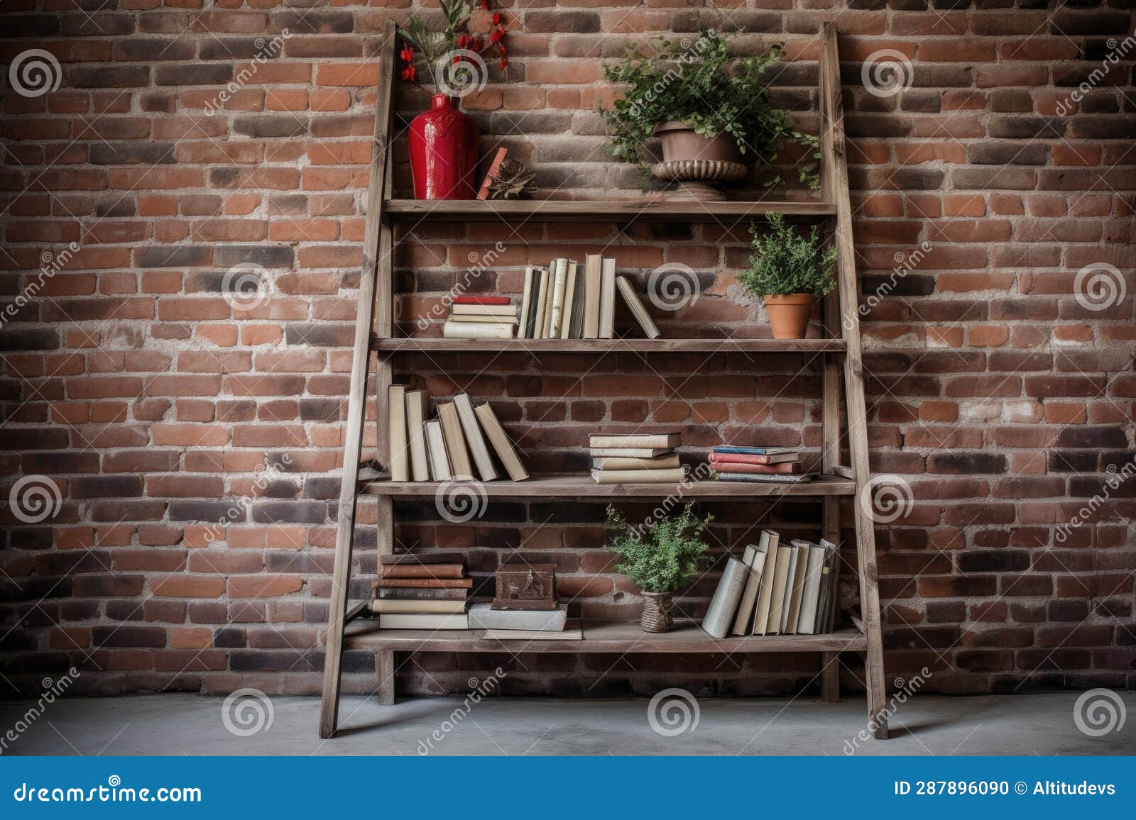 Ladder Bookshelf Against a Rustic Brick Wall Stock Photo Image of