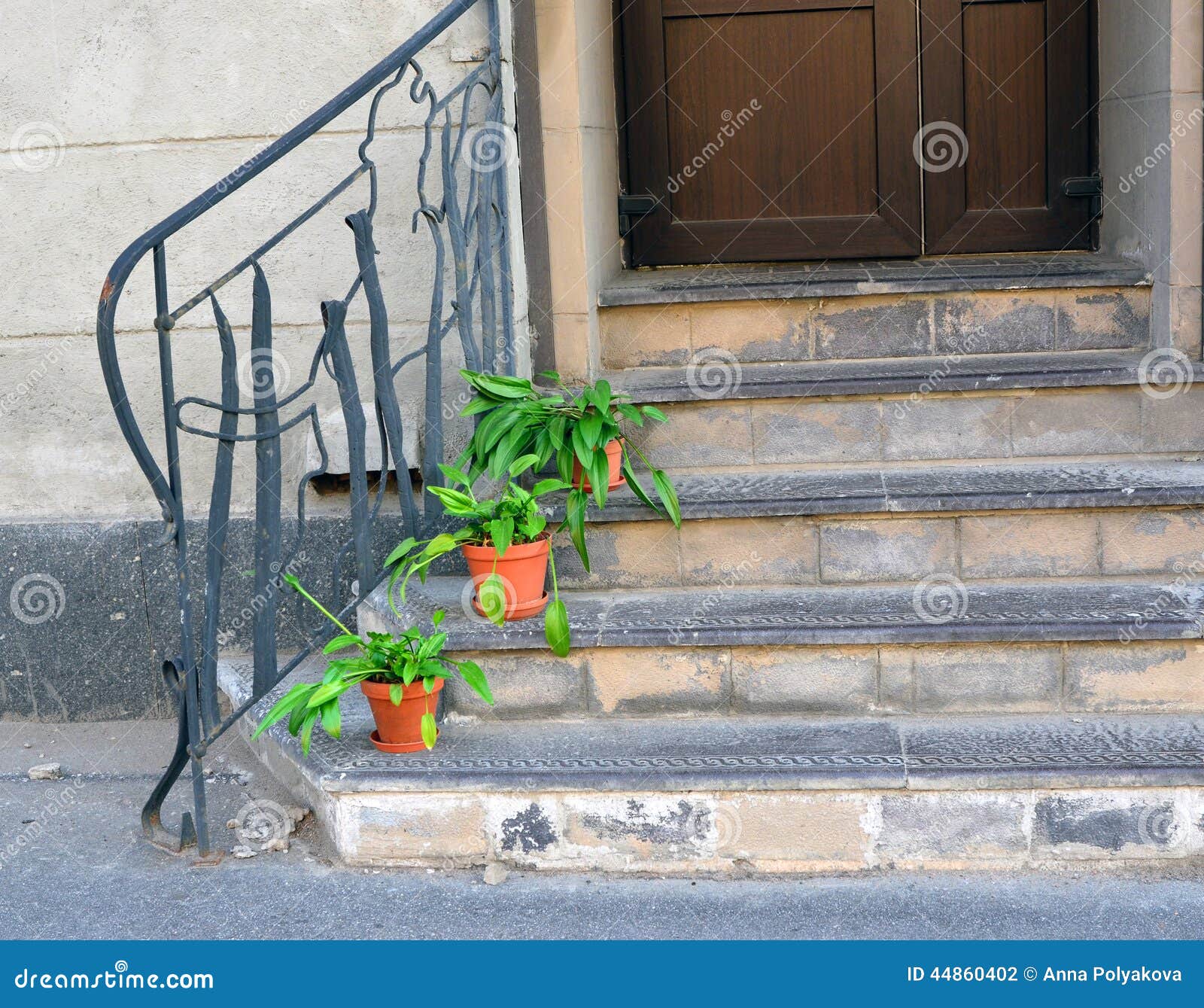 Ladder fragment. Fragment of an old stone ladder before a door with a handrail of the irregular shape and plants in pots on steps