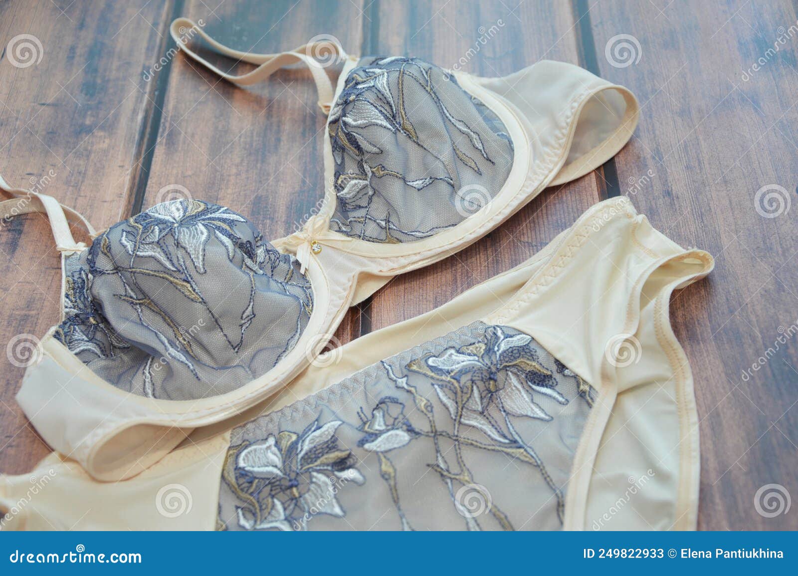 Ladies Bra and Panties on a Wooden Background. Beige Lace Lingerie