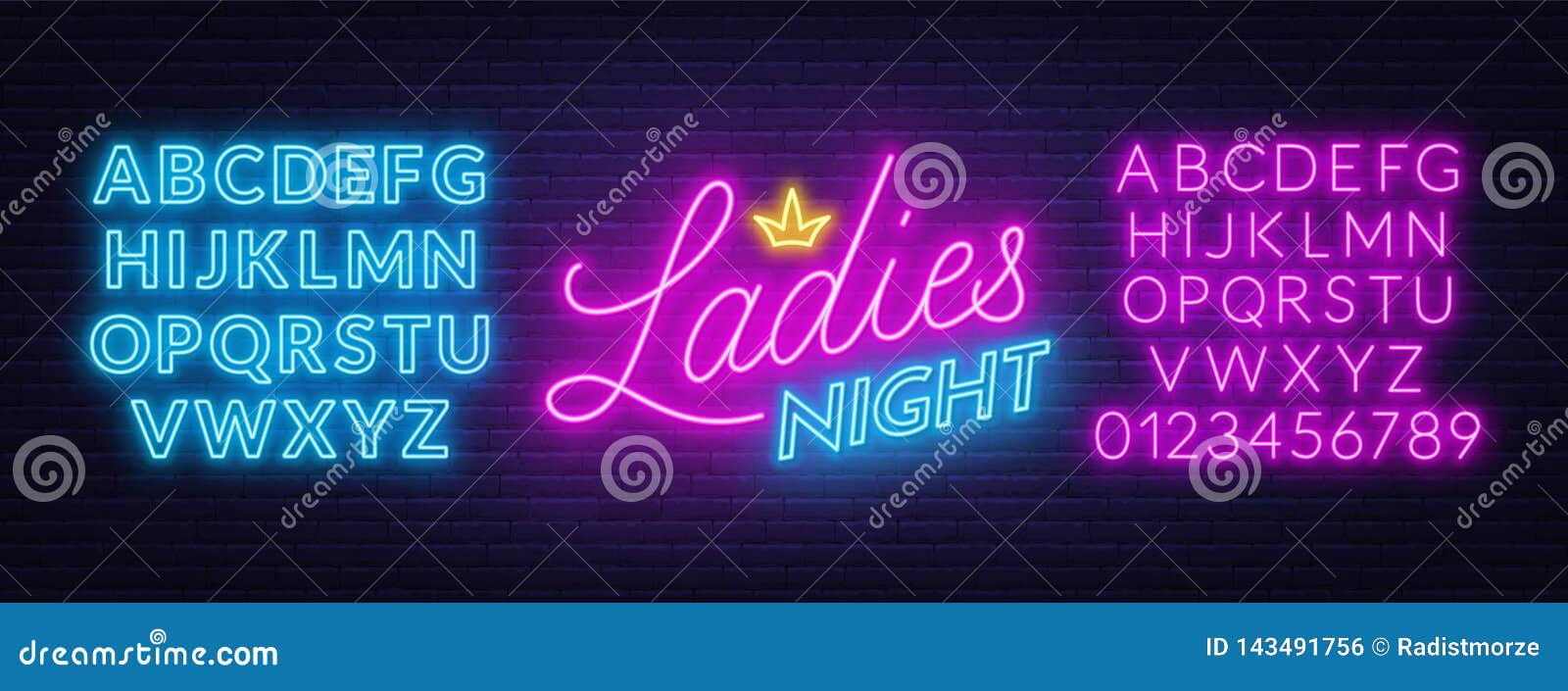 ladies night neon lettering on brick wall background.