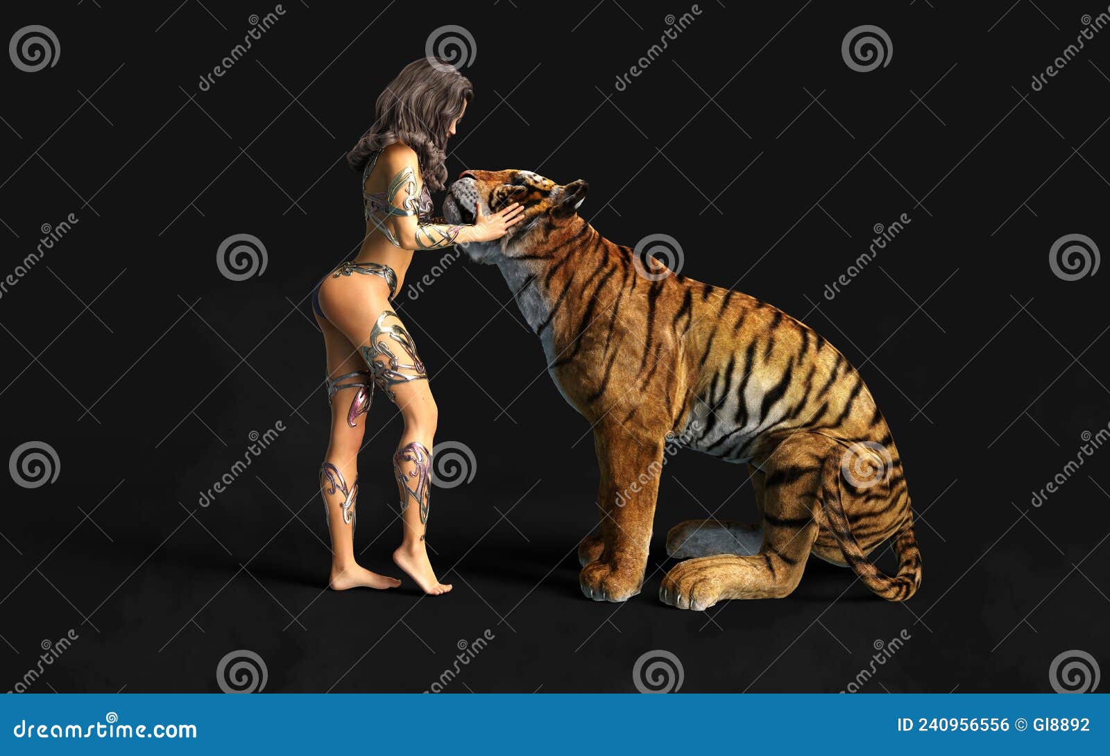 3d Illustration Project of Lady and The Bengal Tigers Poses on