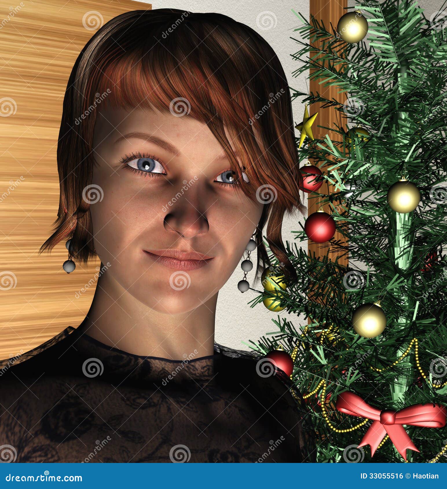 Lady and Christmas Tree stock illustration. Illustration of tree 33055516