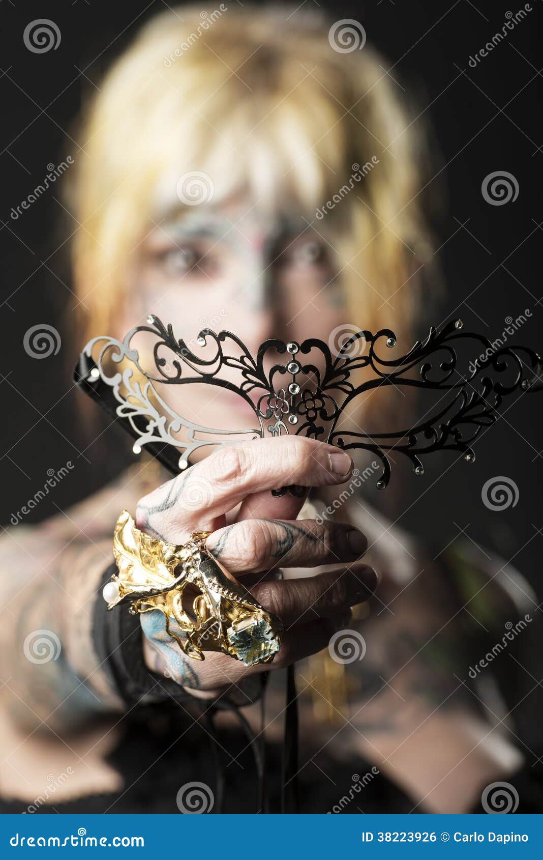 Lady in Dark , with Tattoo Onface with Mask Stock Photo Image of face