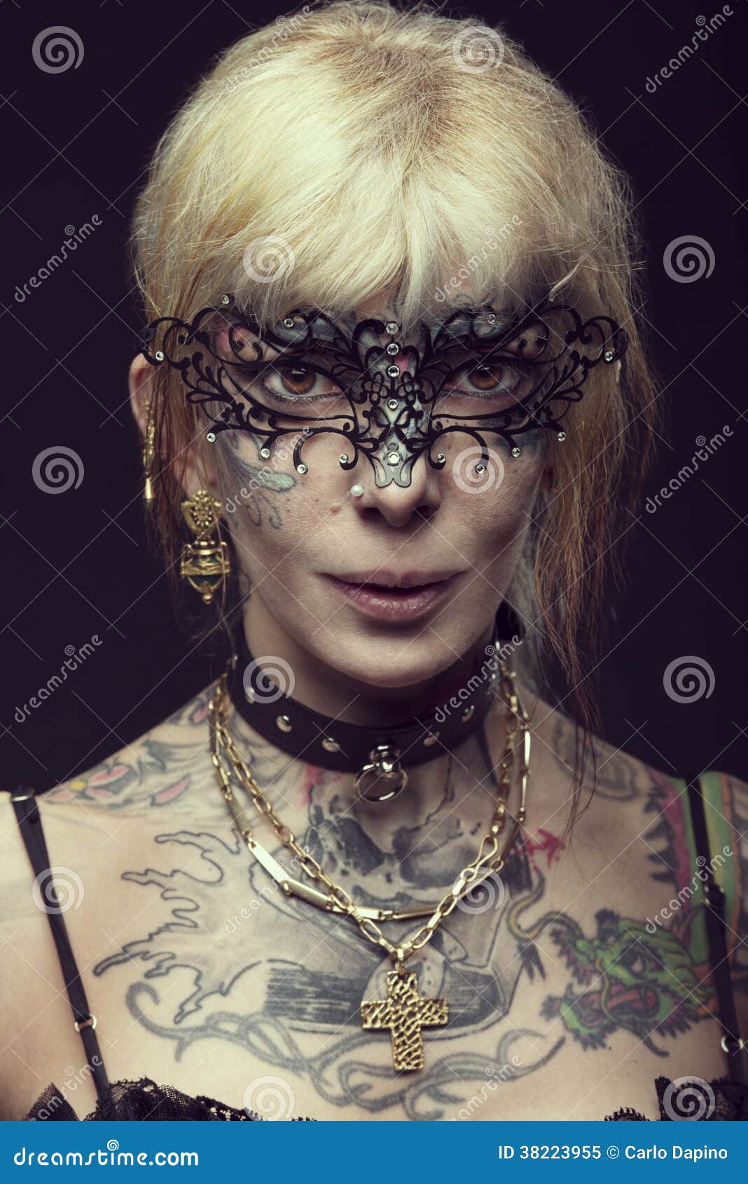 Lady in Dark , with Tattoo Onface with Mask Stock Image Image of