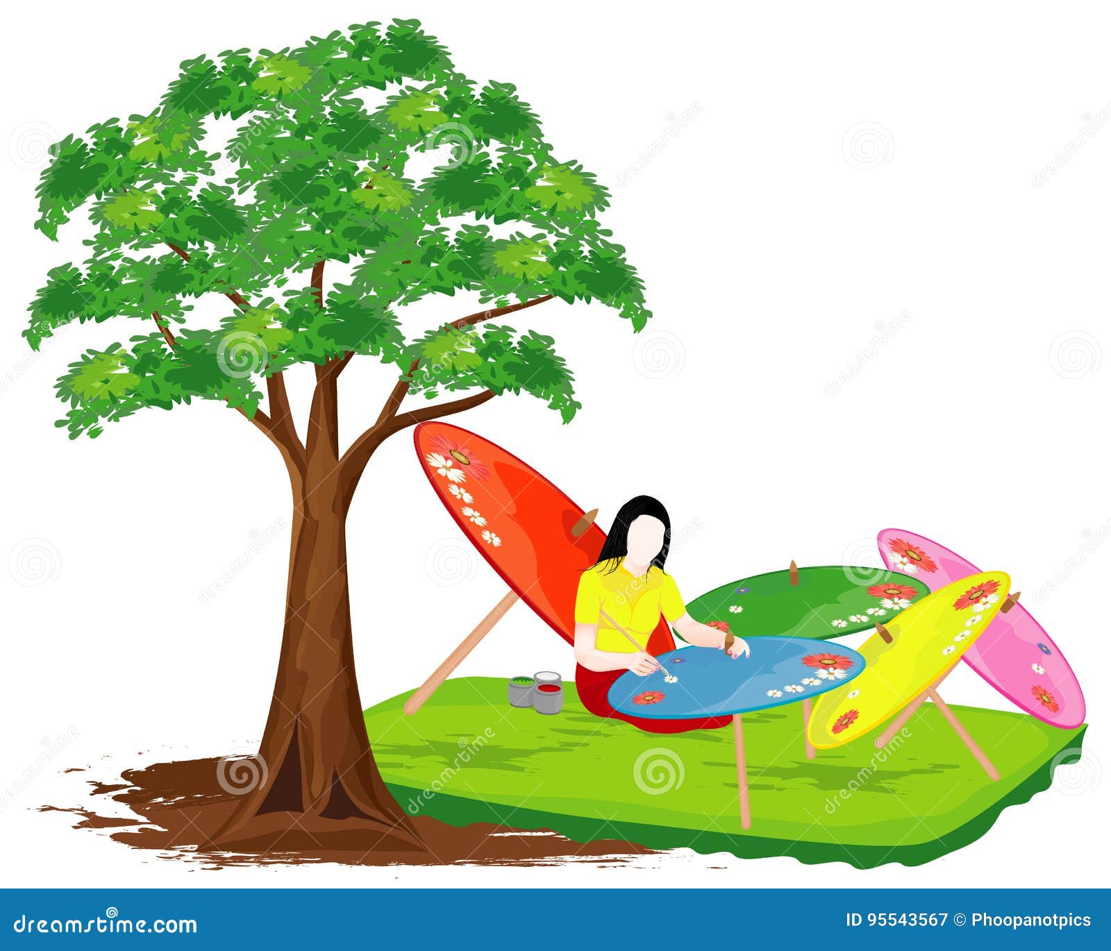 Lady Drawing Flower on Beautiful Umbrella Stock Vector Illustration