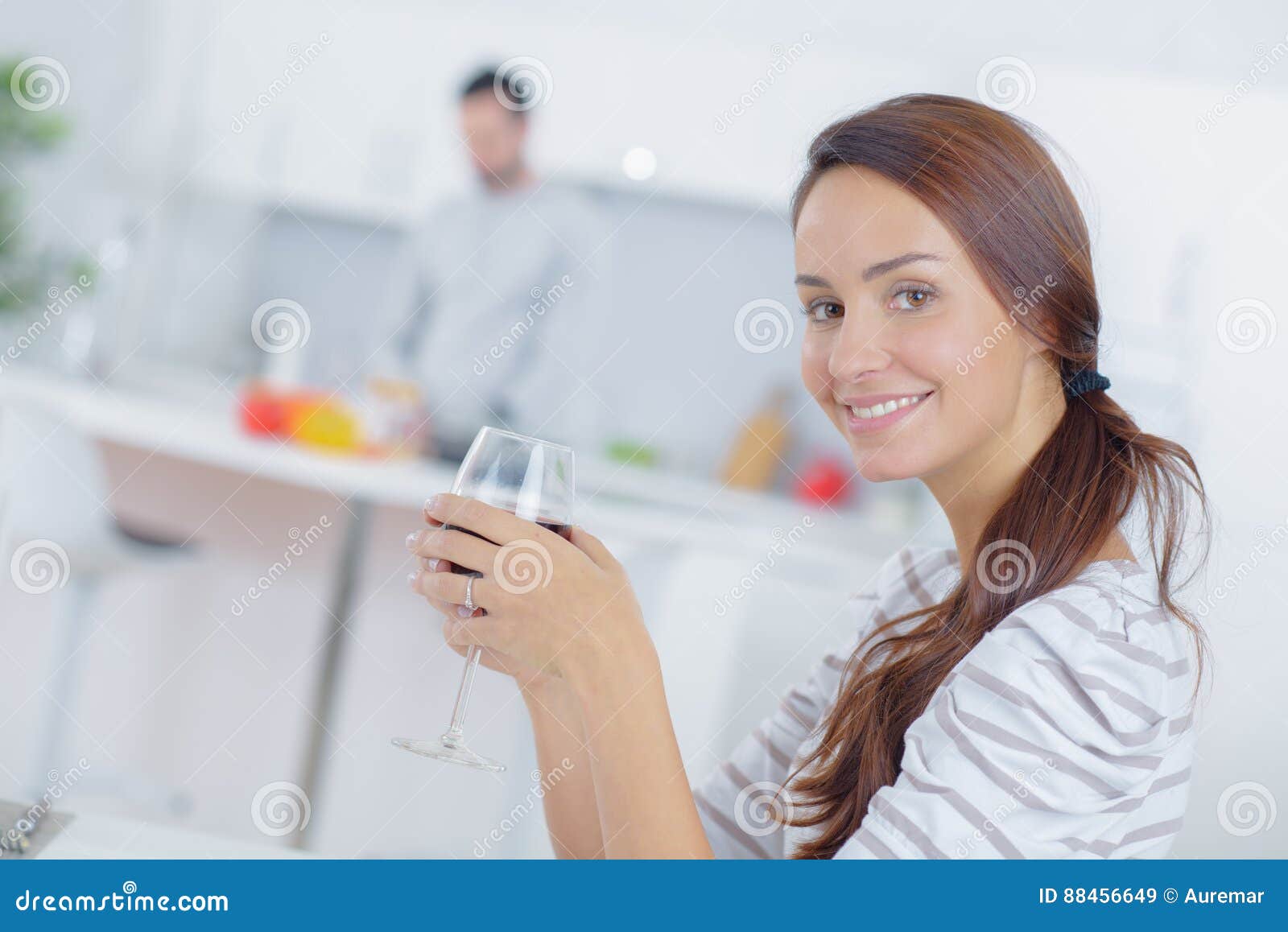 Lady Drinking Glass Wine Man Cooking Stock Image Image of female