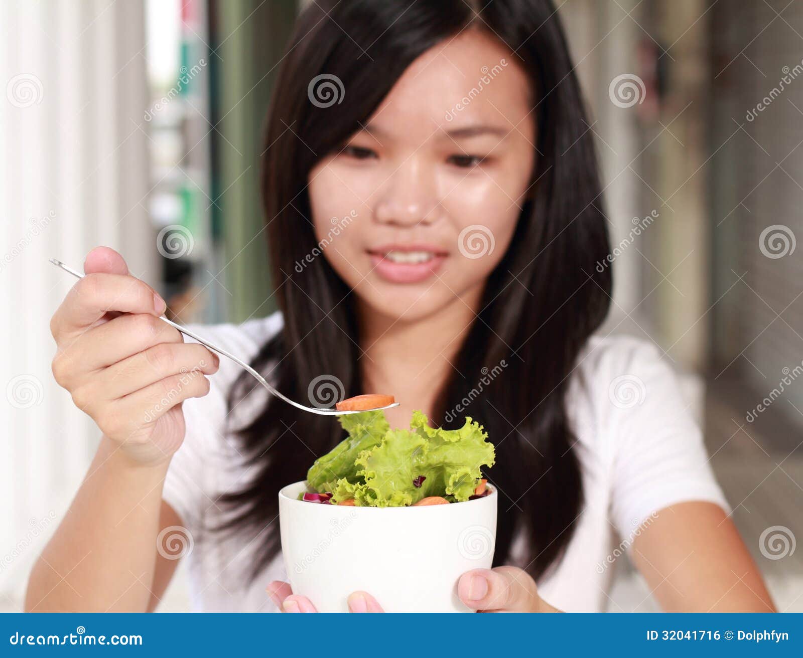 Lady Eat Vegetable Salad on the Restaurant Stock Photo Image of smile