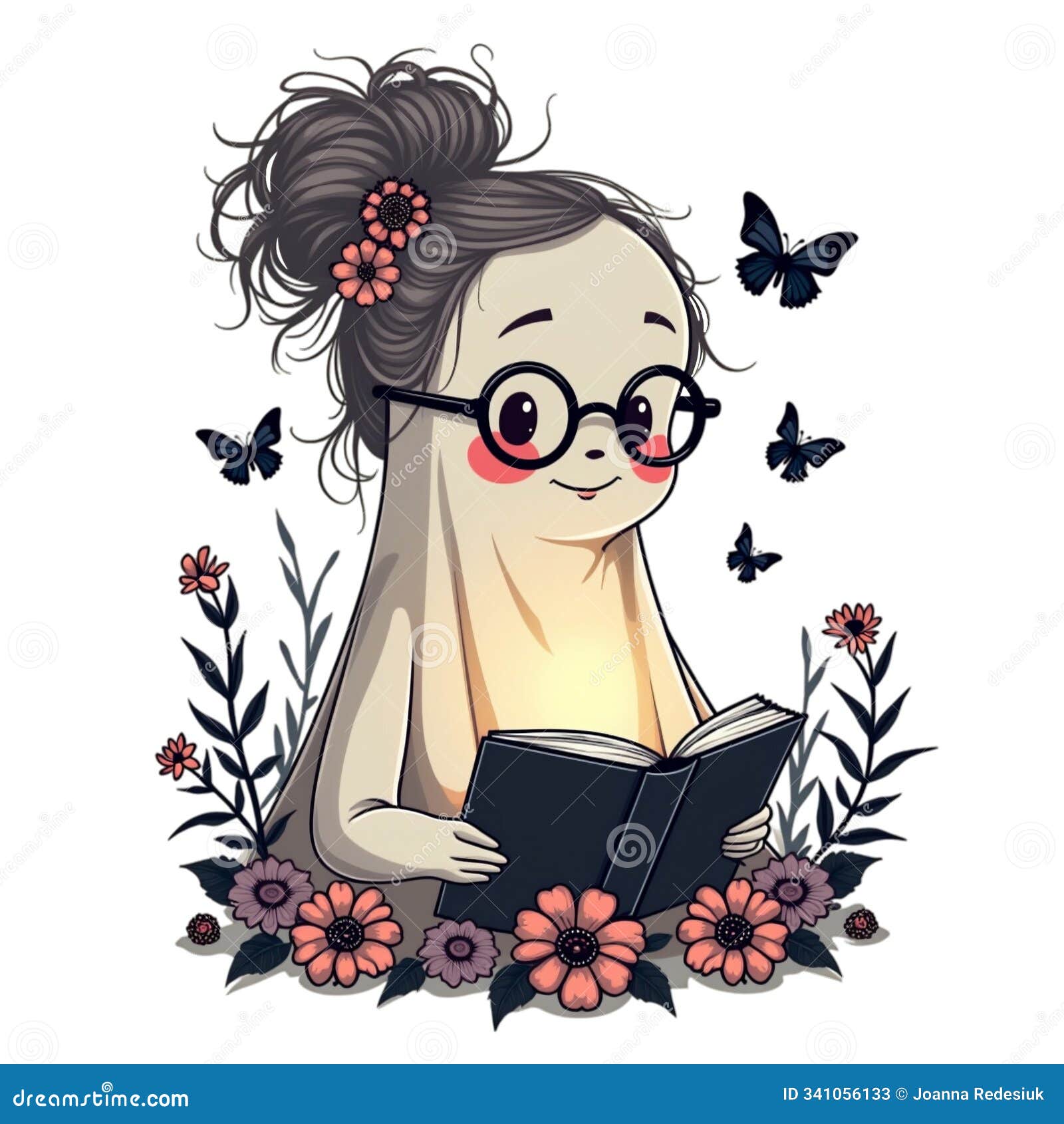 a lady ghost with glasses, long hair tied up, is reading a book surrounded by flowers and butterflie