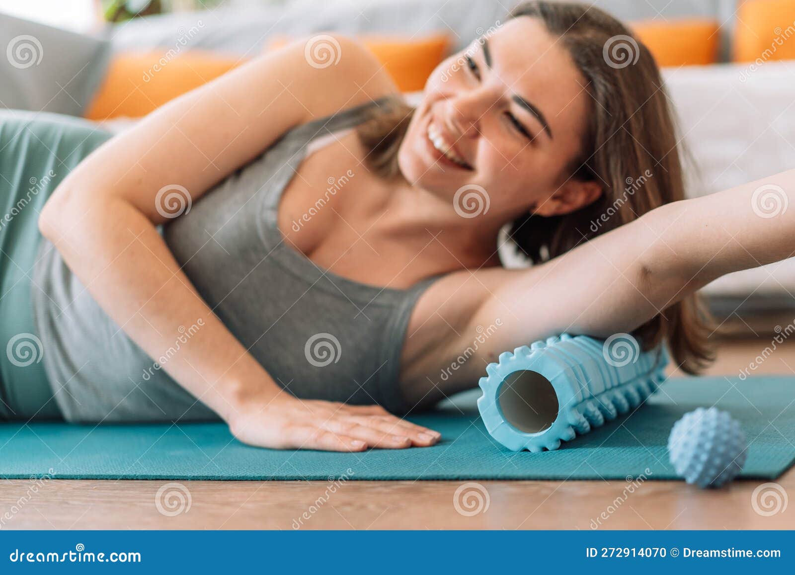 Lady Kneading Her Triceps with Foam Roller Stock Photo Image of
