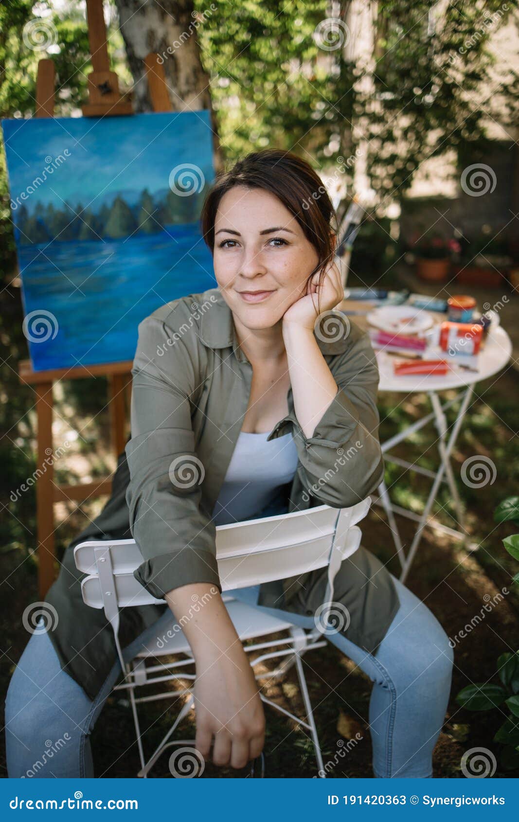 Lady Painter Sitting on Chair in Nature Stock Image - Image of color ...