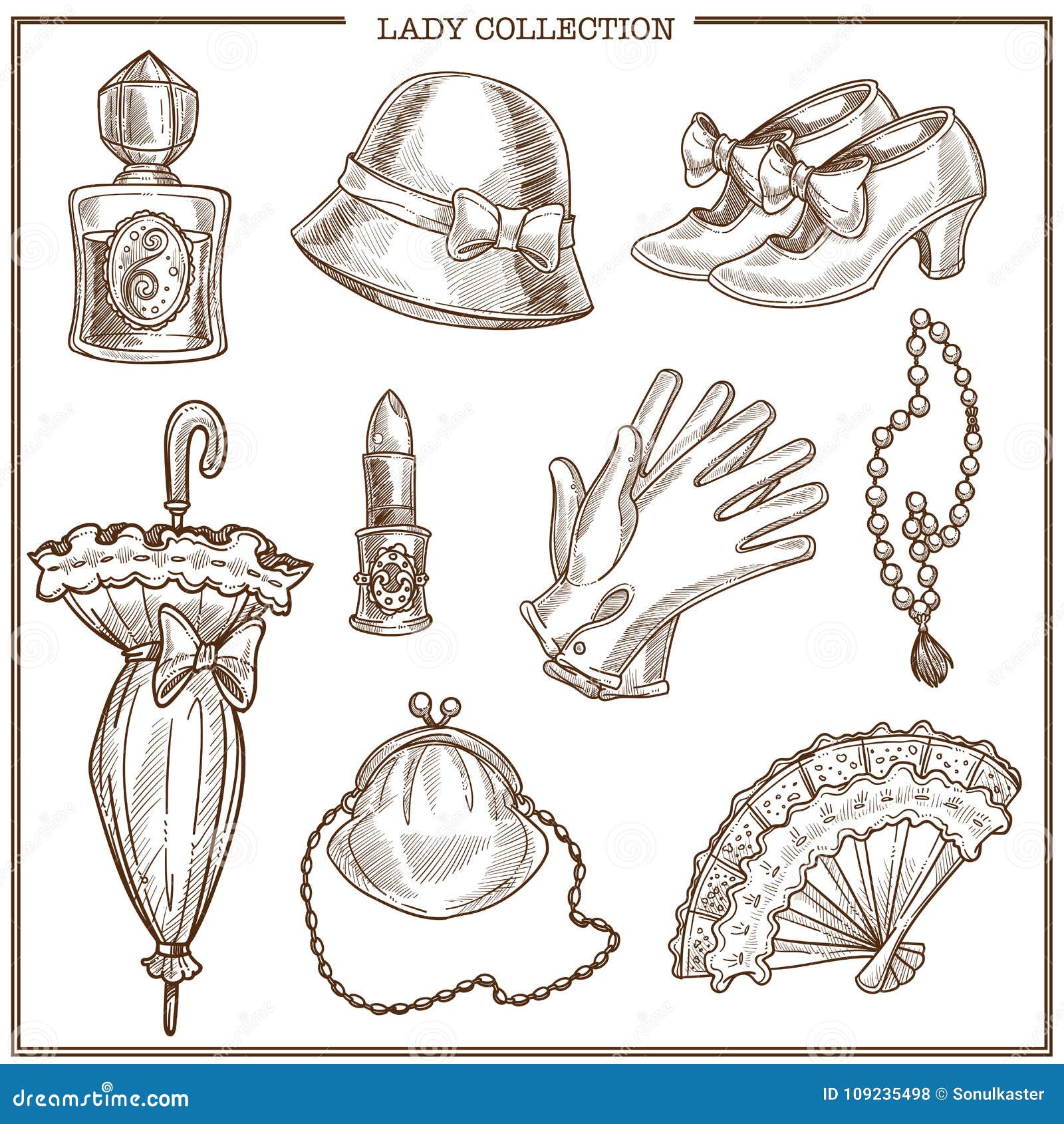 Lady Retro Clothes and Woman Vintage Fashion Accessories Vector Sketch Icons Stock - of glove, 109235498