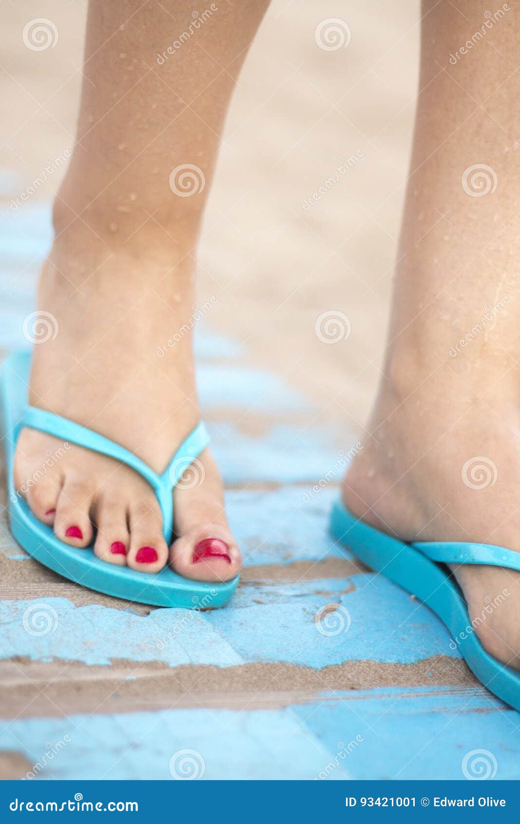 Lady& X27;s Feet in Sandals on Beach Stock Image - Image of blue