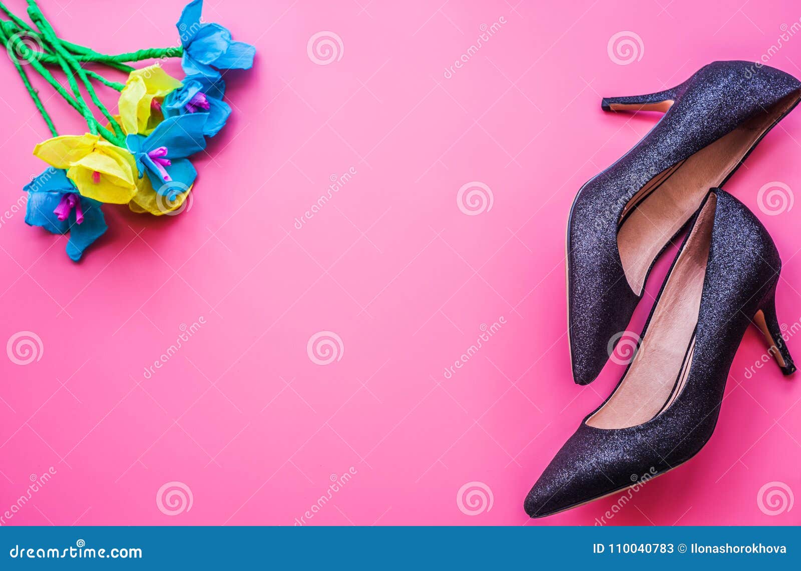 Lady`s High Heels and Paper Flowers on Pink Background, Top View. Stock ...