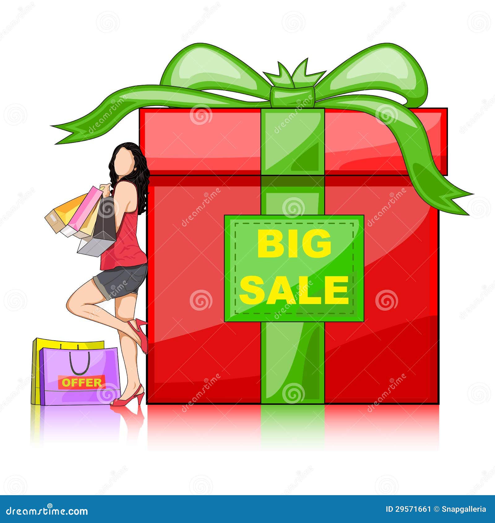 Lady with Shopping Bag Leaning on Gift Box Stock Vector - Illustration ...