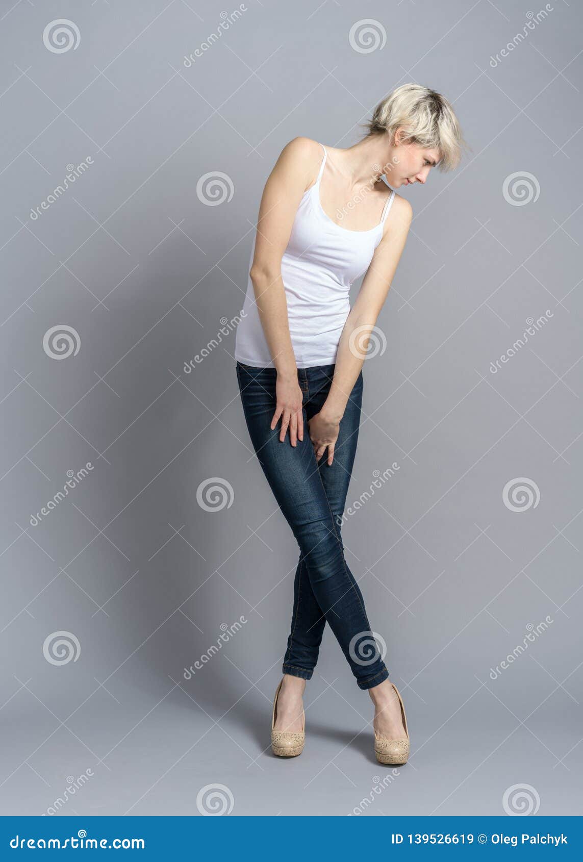 Model Snap Girl With Crossed Legs Looking Down Stock Image Image Of