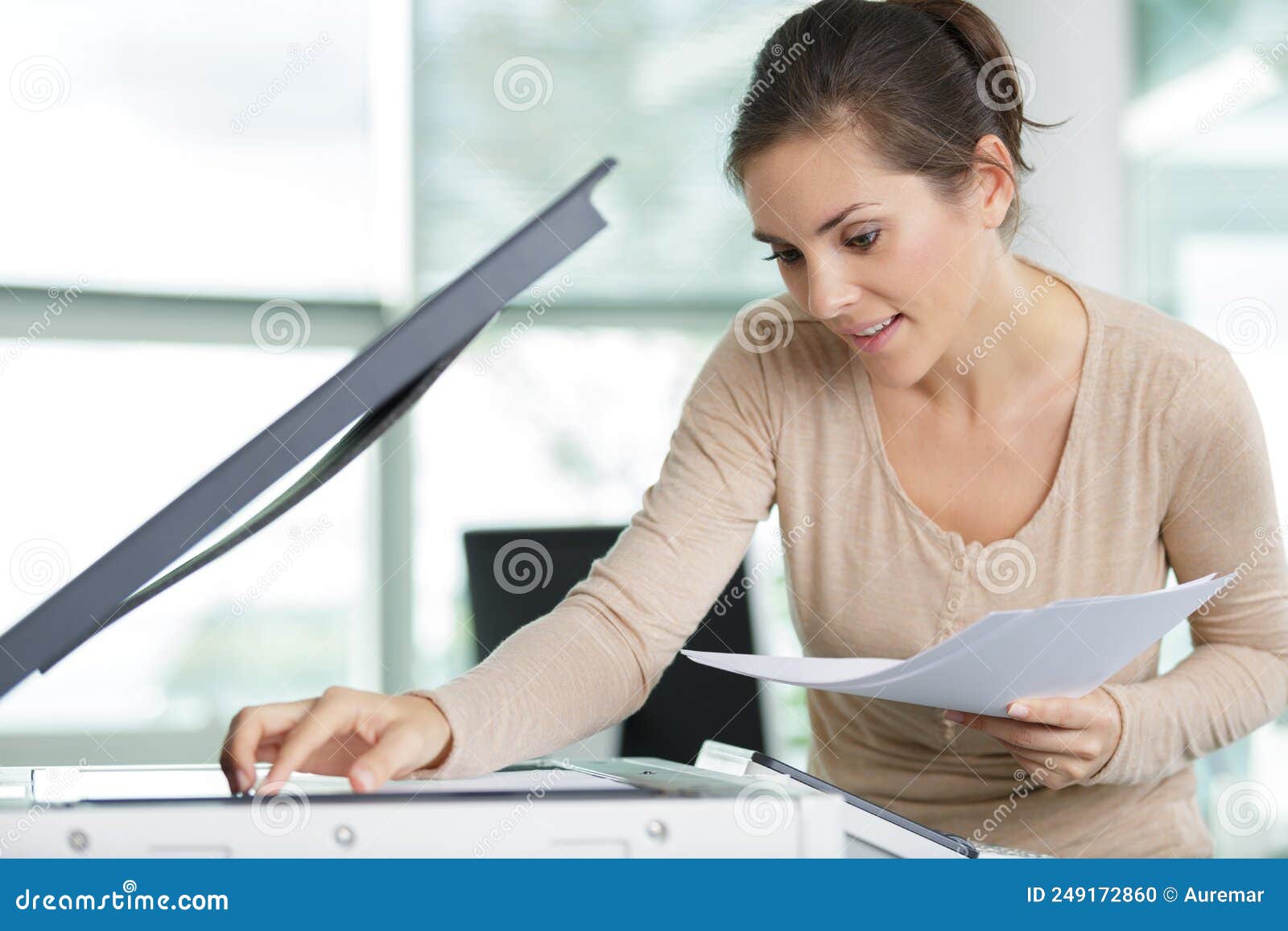 Lady using photocopier stock photo. Image of woman, paperwork 249172860