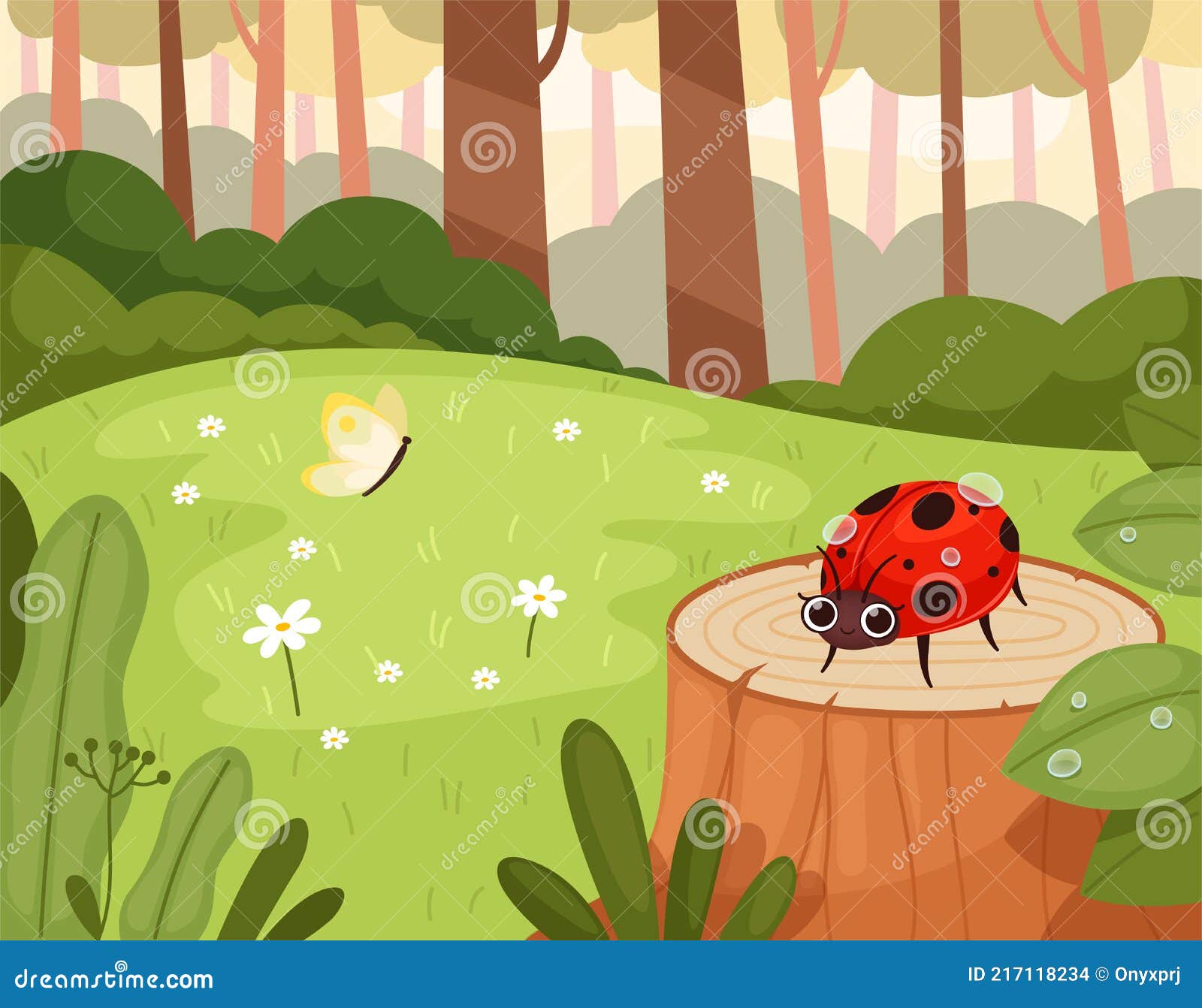 Ladybug in Wood. Green Natural Park with Funny Insects Warm Garden Outdoor  Cartoon Background Nowaday Vector Funny Stock Vector - Illustration of  forest, vector: 217118234