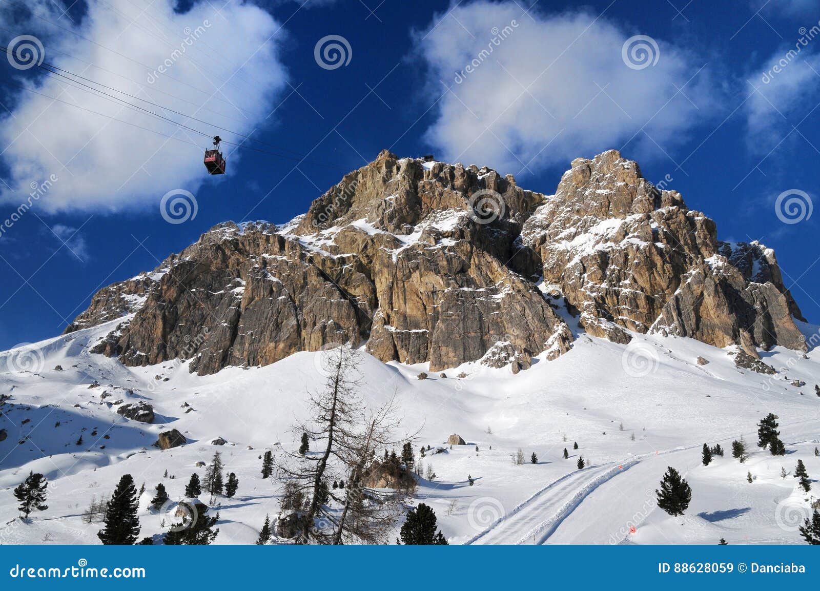 lagazuoi mountain as seen from passo falzarego in winter, dolomites, cortina d`ampezzo, belluno, veneto, italy.