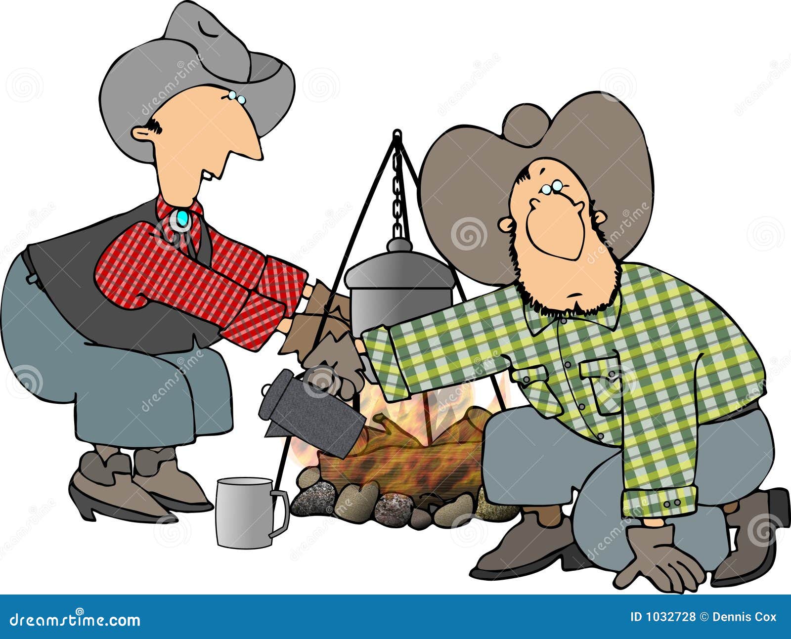 Lagerfeuerjungen. Diese Abbildung stellt zwei Cowboys durch ein Lagerfeuer bildlich dar.