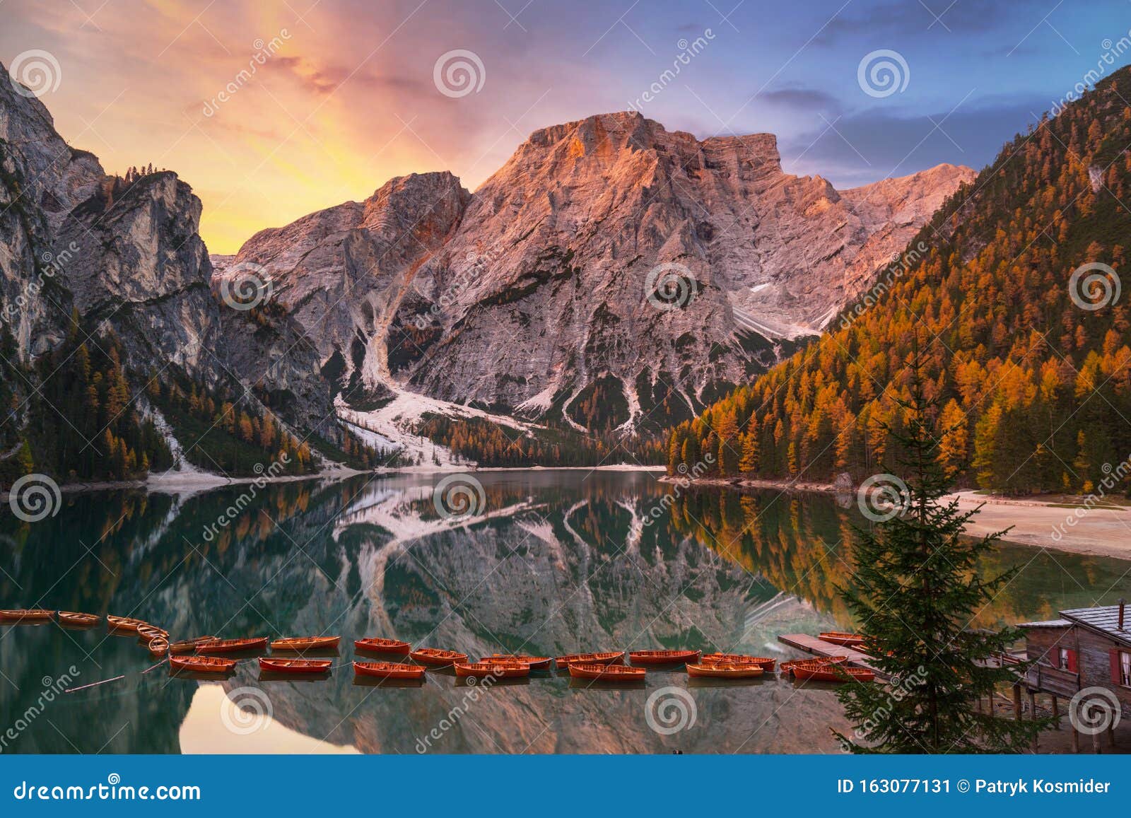 Lago Di Braies Lake And Seekofel Peak At Sunrise Dolomites Italy