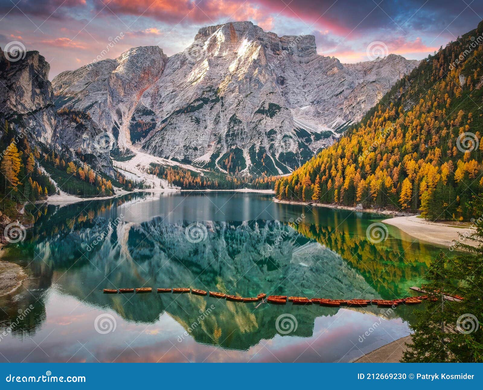 Lago Di Braies Lake And Seekofel Peak At Sunrise Dolomites Italy