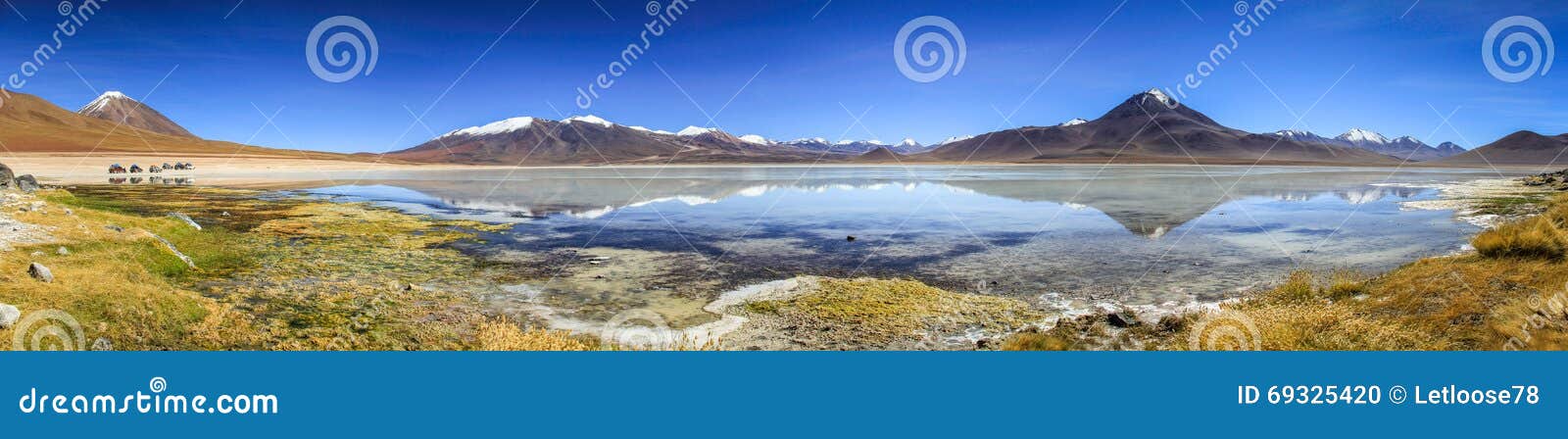 laguna blanca reflections panorama, altiplano, bolivia,