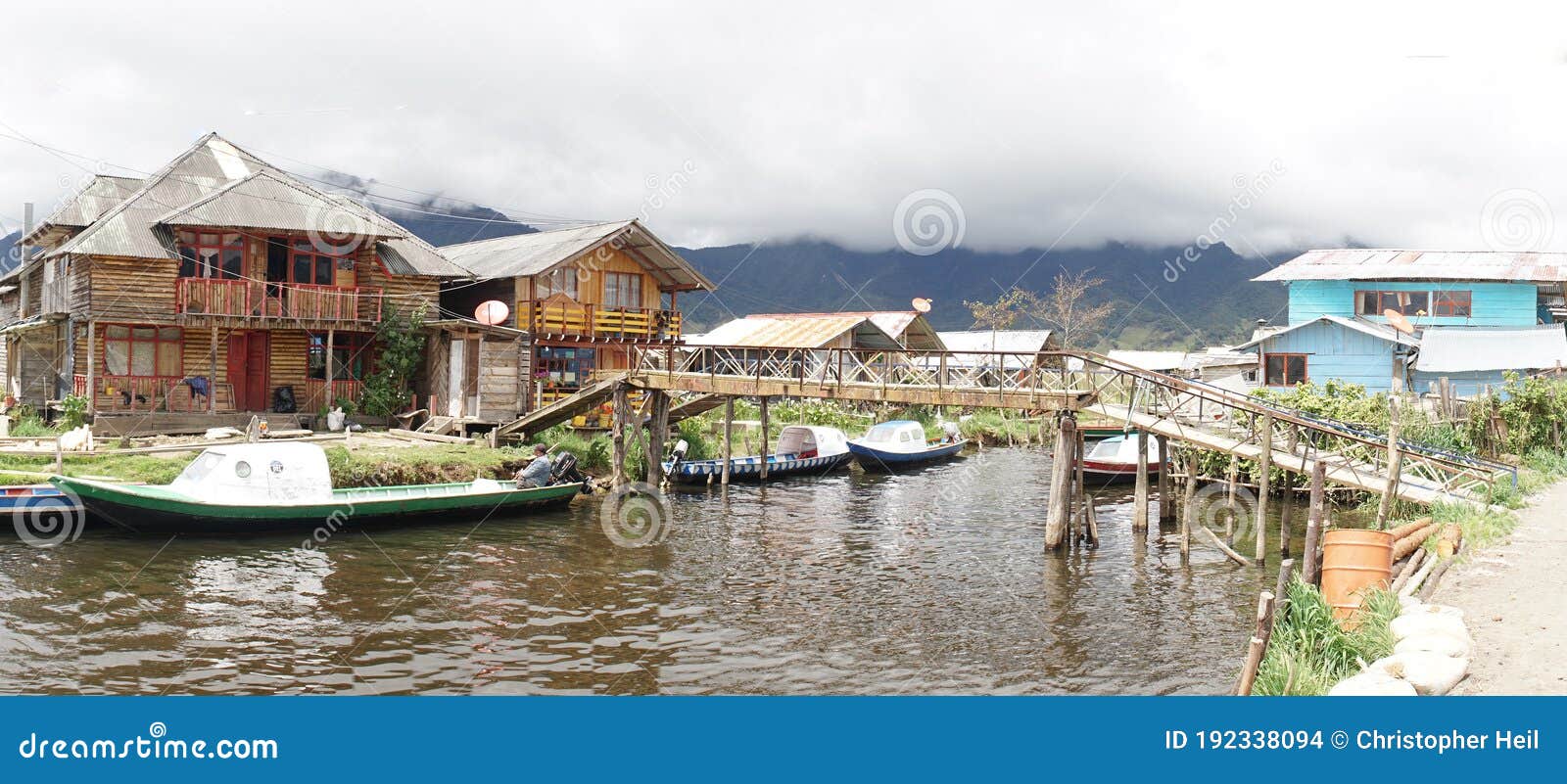 laguna de la cocha at el encano with wooden briges and stilt houses near pasto, colombia.