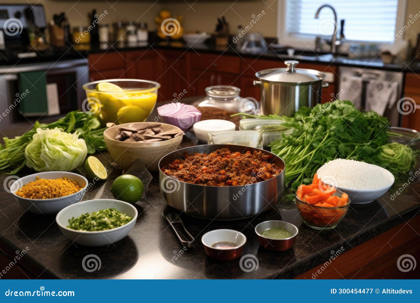 Lahpa Preparation Process with Ingredients Spread on a Kitchen Counter